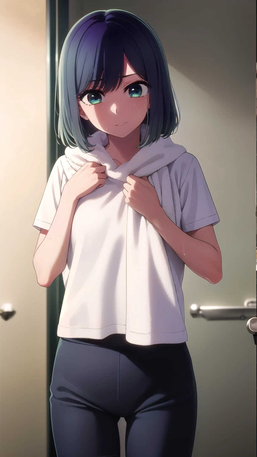 akanekurokawa, akane kurokawa, bangs, (green eyes:1.3), blue hair, medium hair, dark blue hair,
BREAK shirt, short sleeves, towel, t-shirt, red shirt, towel around neck, sweat pants,
BREAK indoors, mirror, gym, sweat,
BREAK looking at viewer, (cowboy shot:1.5),
BREAK (masterpiece:1.2), best quality, high resolution, unity 8k wallpaper, (illustration:0.8), (beautiful detailed eyes:1.6), extremely detailed face, perfect lighting, extremely detailed CG, (perfect hands, perfect anatomy),