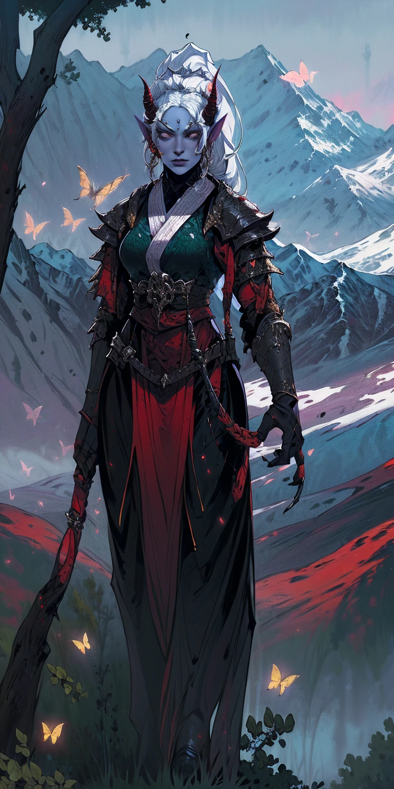 1 girl, (((oni girl))), (((red skin))), horns, white hair, ponytail, (((adventurer outfit))), explorer, researcher, fascinated expression, full body portrait, outside, forest, mountains, butterflies, flowery meadow