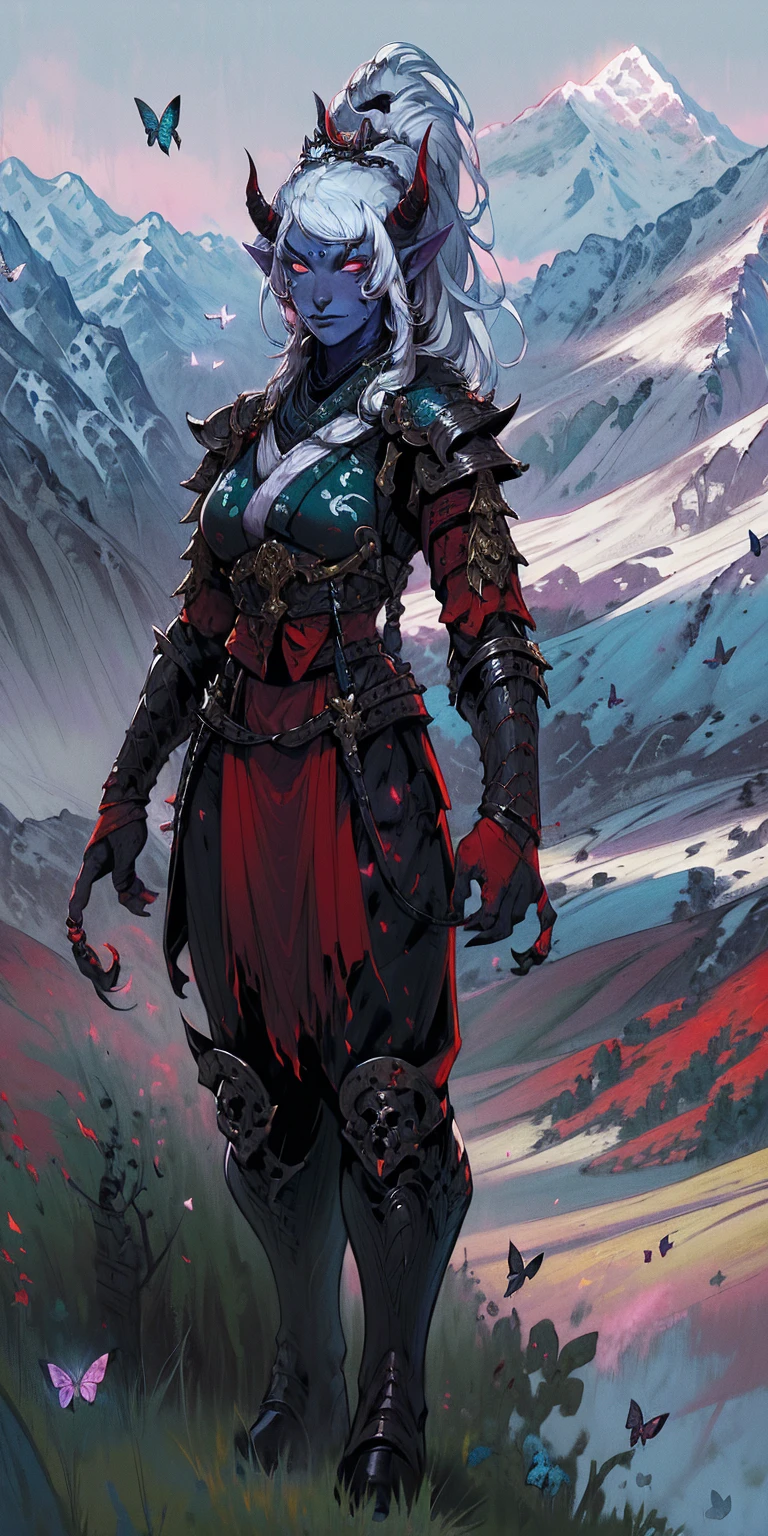 1 girl, (((oni girl))), (((red skin))), horns, white hair, ponytail, (((adventurer outfit))), explorer, researcher, fascinated expression, full body portrait, outside, forest, mountains, butterflies, flowery meadow