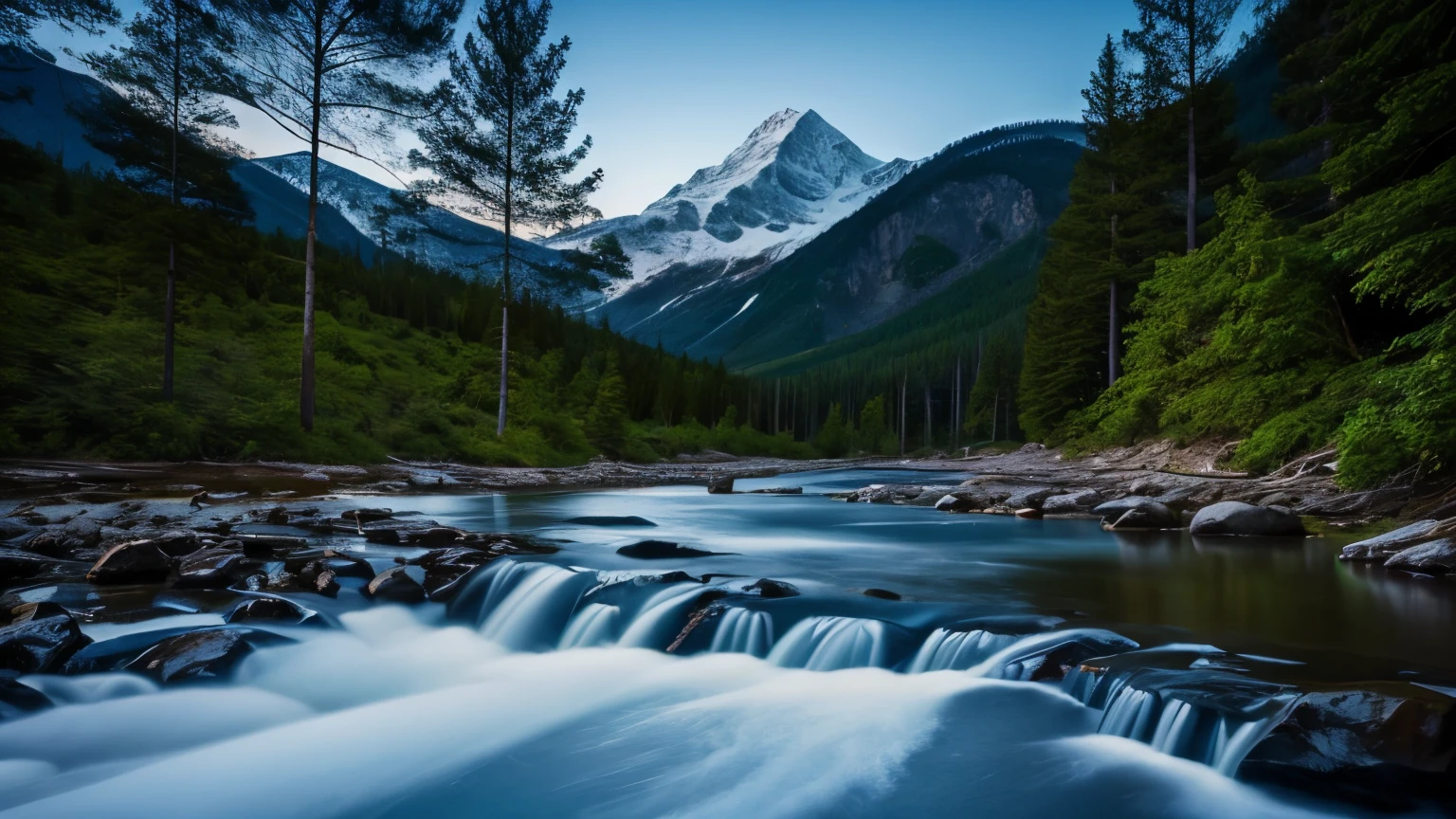 Full moon night, Mountain, waterfall, forest.