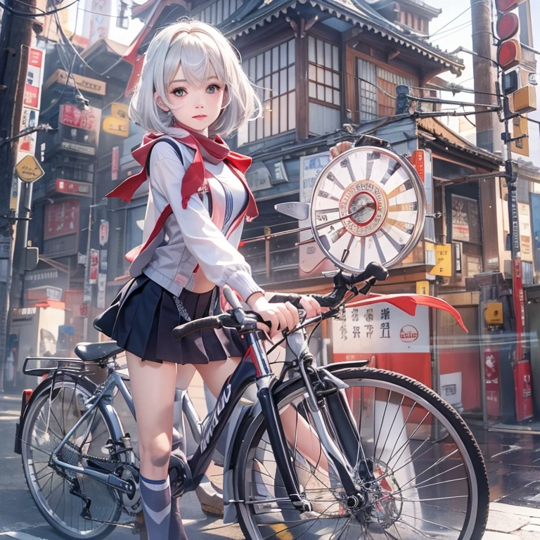 (masterpiece:1.3), (8k, Realistic, RAW Photos, Best image quality: 1.4), Fair-skinned fairy woman、short hair、Cleavage:2.0、Highly detailed face、Attention to detail、double eyelid、Sharp focus:1.2、Beautiful woman:1.4、Silvery white hair、highest quality、masterpiece、Ultra-high resolution、(Realistic:1.4)、Highly detailed and professionally lit smiles、Loose, Light, Wear a Japan high school uniform:1.5、Red scarf、 one person、whole body,Cycling through Japanese cities、