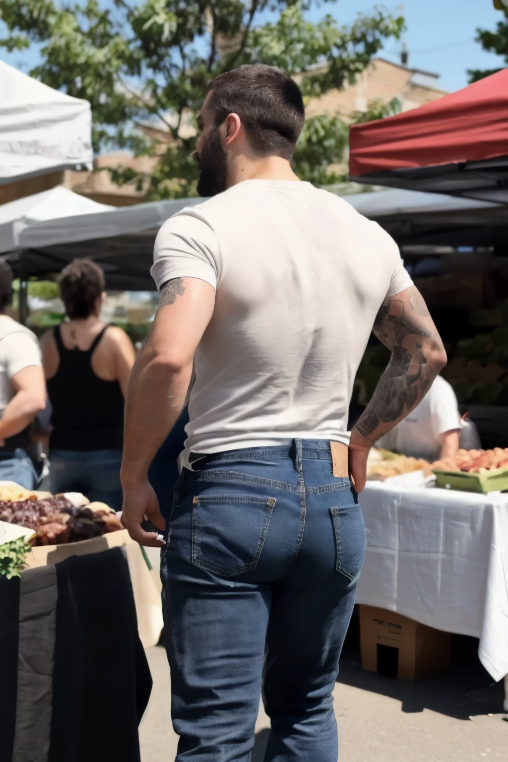 JordanBrandt, 45yo, short mustache and beard, wearing a t-shirt and  jeans, big butt, at the farmers market, backside bent over walking