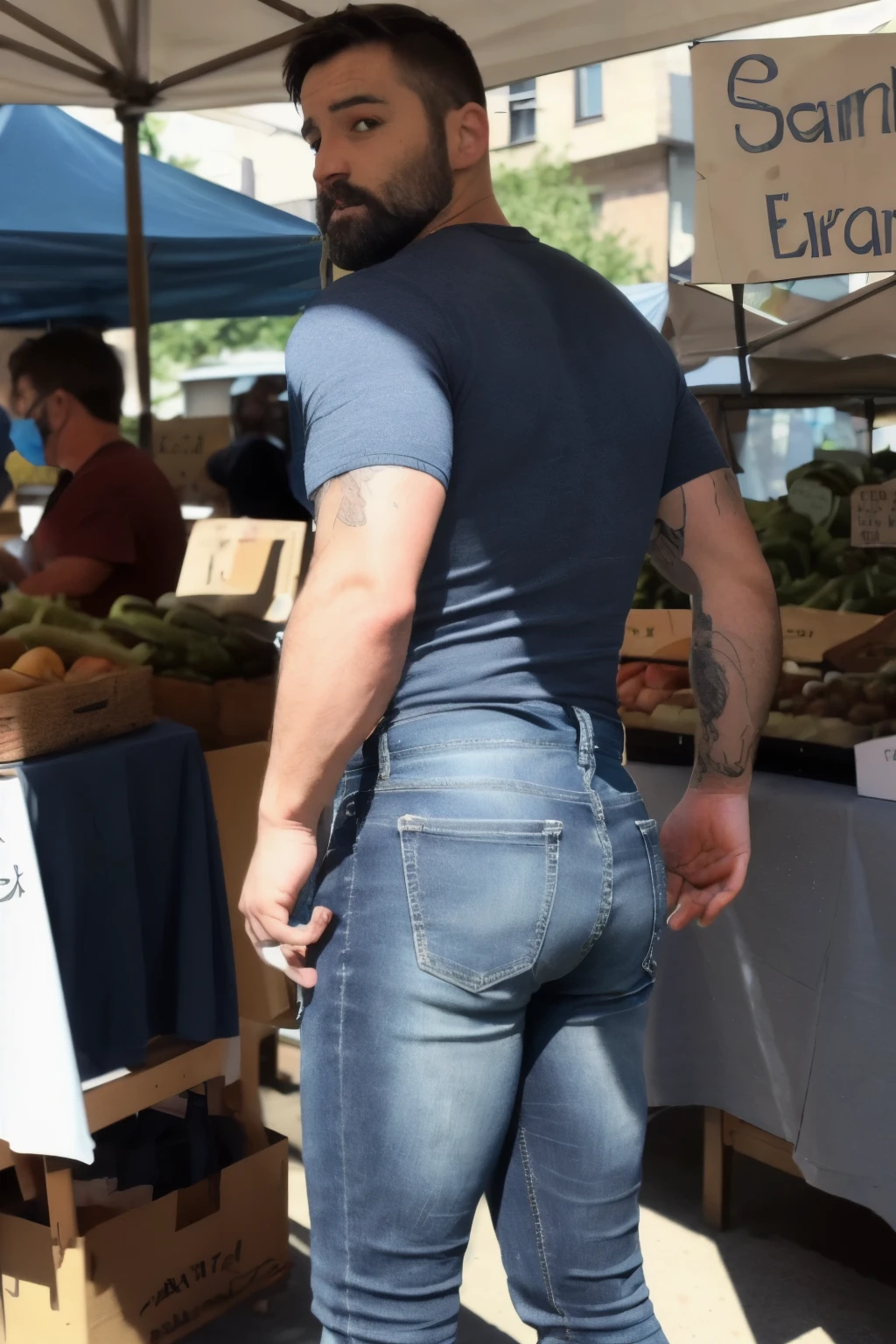 JordanBrandt, 45yo, short mustache and beard, wearing a t-shirt and jeans, big butt, at the farmers market, backside bent over walking