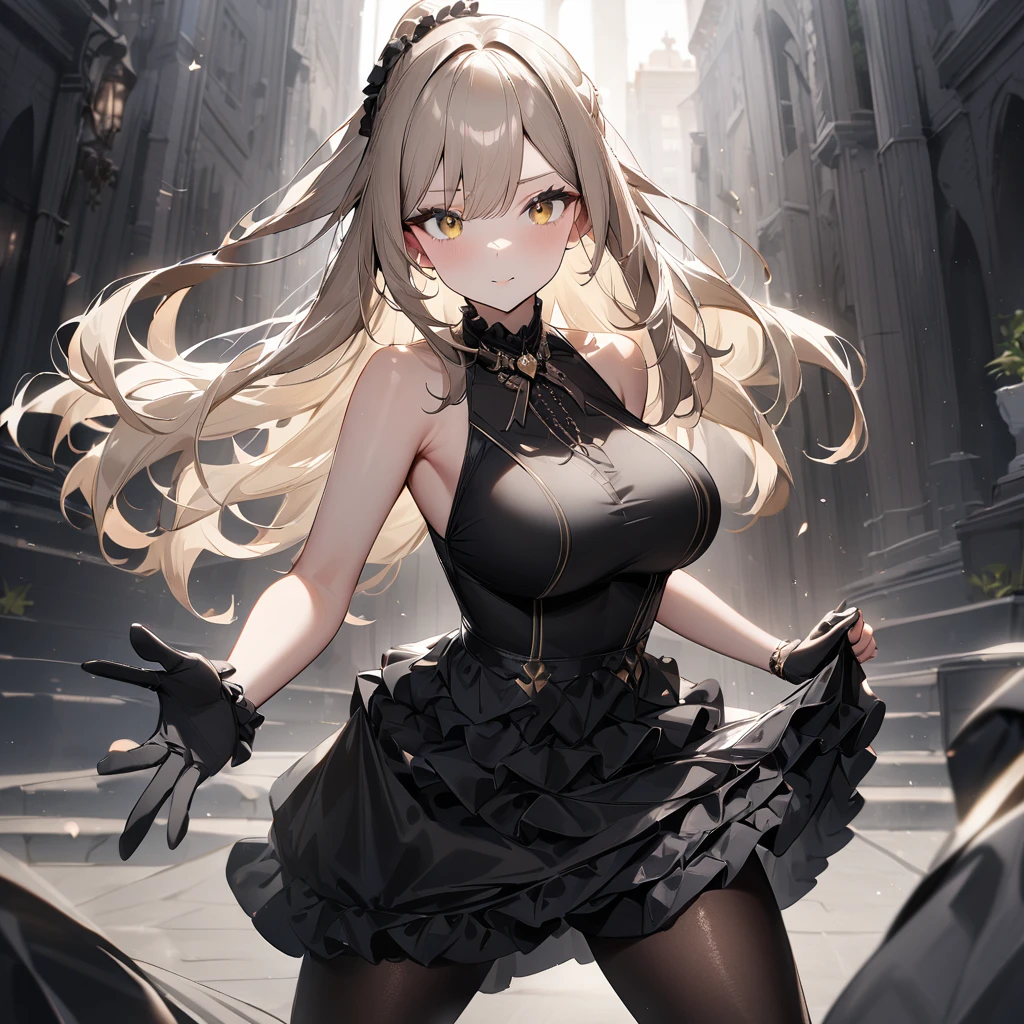 1 girl,best quality, very aesthetic,absurdres,looking at viewer,front view,Lovely lady,,skirt lift,high-grade,layer,westfrill,light hair,multilayer,blackcolor,trim,(side-Crisscross),breasts,upscale,Layered,yellow pale,blackglove,pantyhose,lovely,all black,Sleeveless,open stance,curtsey,impossible_clothes,half up,blouse,spread out,knee