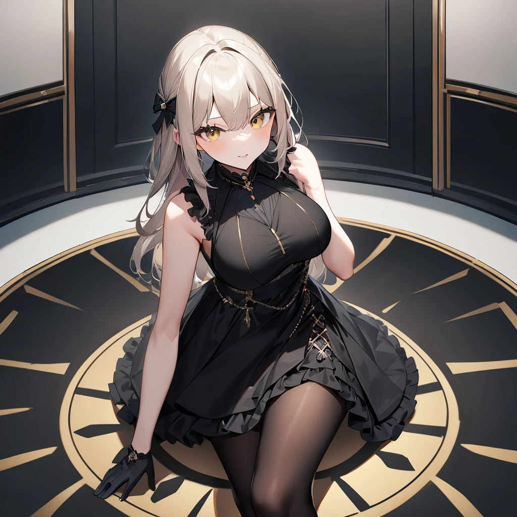 1 girl,best quality, very aesthetic,absurdres,looking at viewer,front view,Lovely lady,,skirt lift,high-grade,layer,westfrill,light hair,multilayer,blackcolor,trim,(side-Crisscross),breasts,upscale,Layered,yellow pale,blackglove,pantyhose,lovely,all black,Sleeveless,open stance,curtsey,impossible_clothes,half up,blouse,spread out,knee