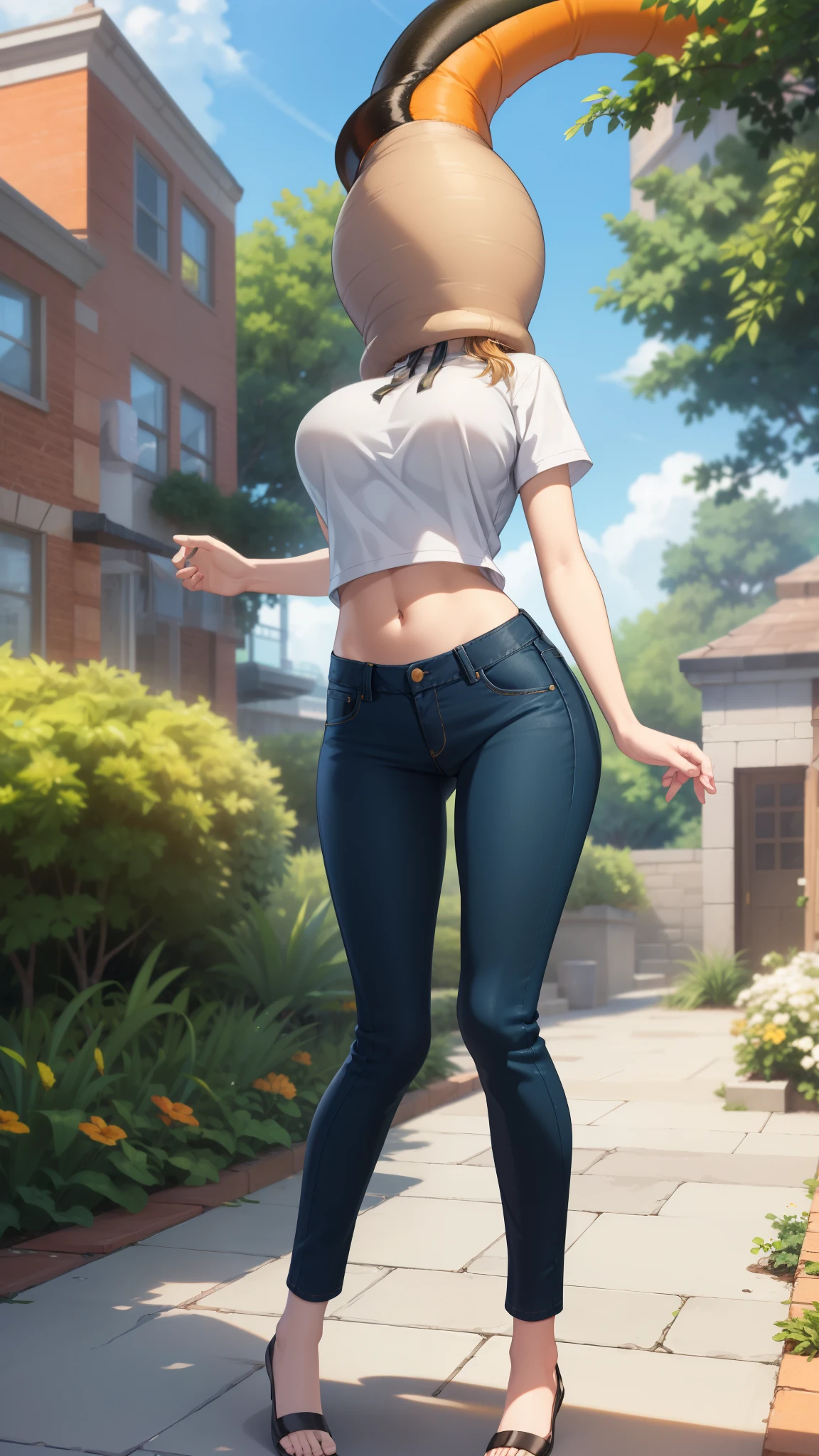 1girl, natural lighting, masterpiece, highly detailed, illustration, game CG, absurdres, high quality, aichan, large breasts, garden, standing, from below, midriff, jeans, (cell vore), (tail vore:1.3)