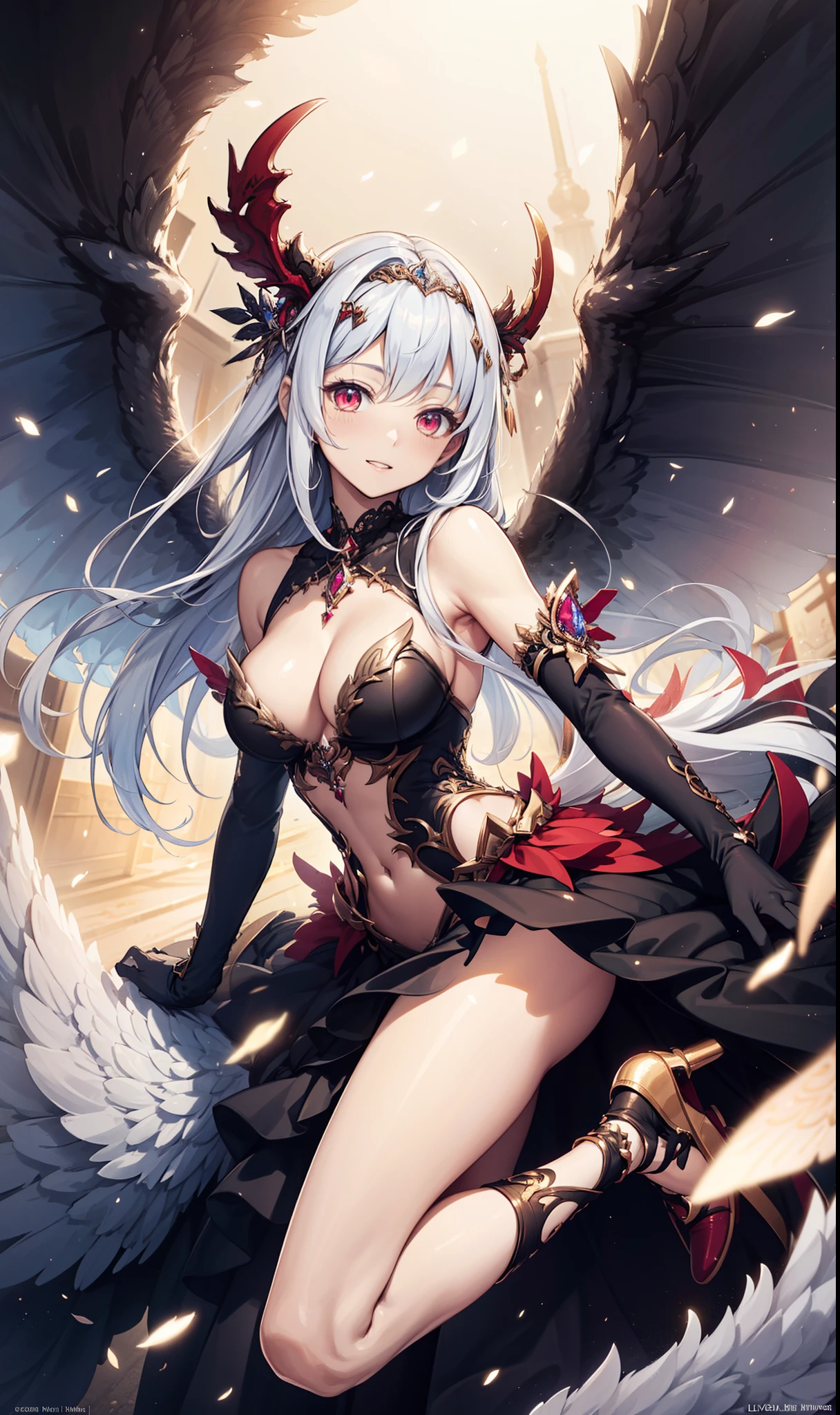 (best quality, high resolution, Textured Skin, high quality, High Detail,Extremely detailed CG unification),,Lively,obsessed,Dynamic Angle,whole body,Gorgeous princess dress,Dress nicely,Elegant and charming gesture,Demon Wings, suggestion,In the abyss