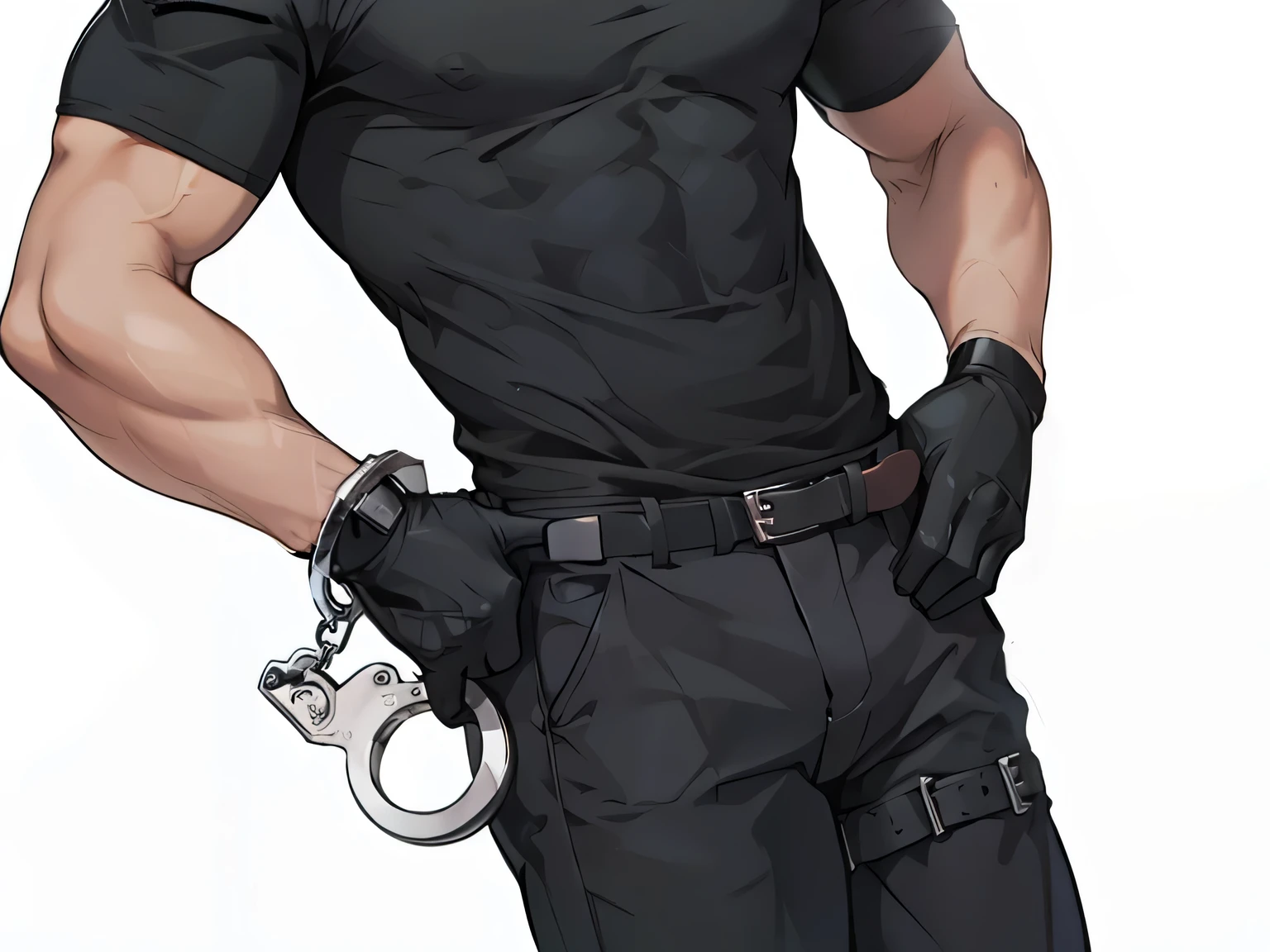 1 man,,Pants,Trousers,belt,Black gloves,cell phone,Handcuffs