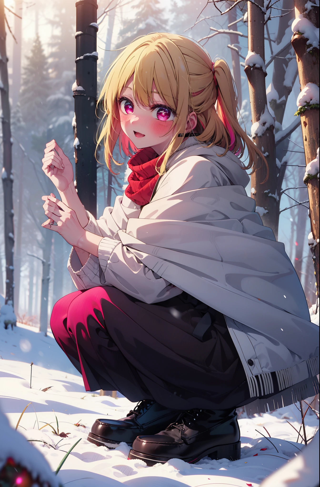 rubyhoshino, Hoshino Ruby, Long Hair, bangs, Blonde Hair, (Pink Eyes:1.3), (Symbol-shaped pupil:1.5), Multicolored Hair, Two-tone hair, smile,blush,White Breath,
Open your mouth,snow,Ground bonfire, Outdoor, boots, snowing, From the side, wood, suitcase, Cape, Blurred, , forest, White handbag, nature, Squat, Mouth closed, Cape, winter, Written boundary depth, Black shoes, red Cape break looking at viewer, Upper Body, whole body, break Outdoor, forest, nature, break (masterpiece:1.2), highest quality, High resolution, unity 8k wallpaper, (shape:0.8), (Beautiful and beautiful eyes:1.6), Highly detailed face, Perfect lighting, Highly detailed CG, (Perfect hands, Perfect Anatomy),