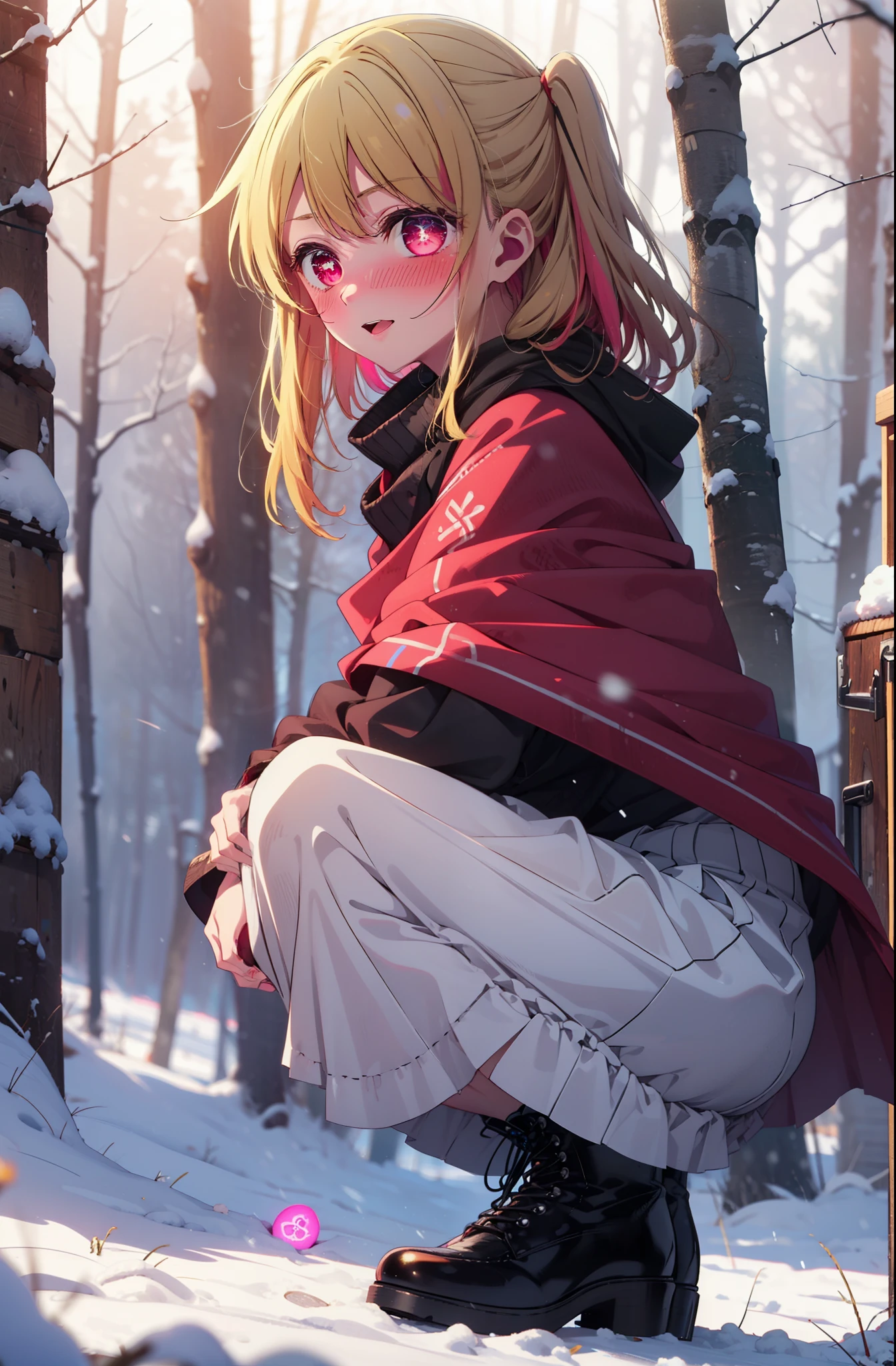 rubyhoshino, Hoshino Ruby, Long Hair, bangs, Blonde Hair, (Pink Eyes:1.3), (Symbol-shaped pupil:1.5), Multicolored Hair, Two-tone hair, smile,blush,White Breath,
Open your mouth,snow,Ground bonfire, Outdoor, boots, snowing, From the side, wood, suitcase, Cape, Blurred, , forest, White handbag, nature, Squat, Mouth closed, Cape, winter, Written boundary depth, Black shoes, red Cape break looking at viewer, Upper Body, whole body, break Outdoor, forest, nature, break (masterpiece:1.2), highest quality, High resolution, unity 8k wallpaper, (shape:0.8), (Beautiful and beautiful eyes:1.6), Highly detailed face, Perfect lighting, Highly detailed CG, (Perfect hands, Perfect Anatomy),