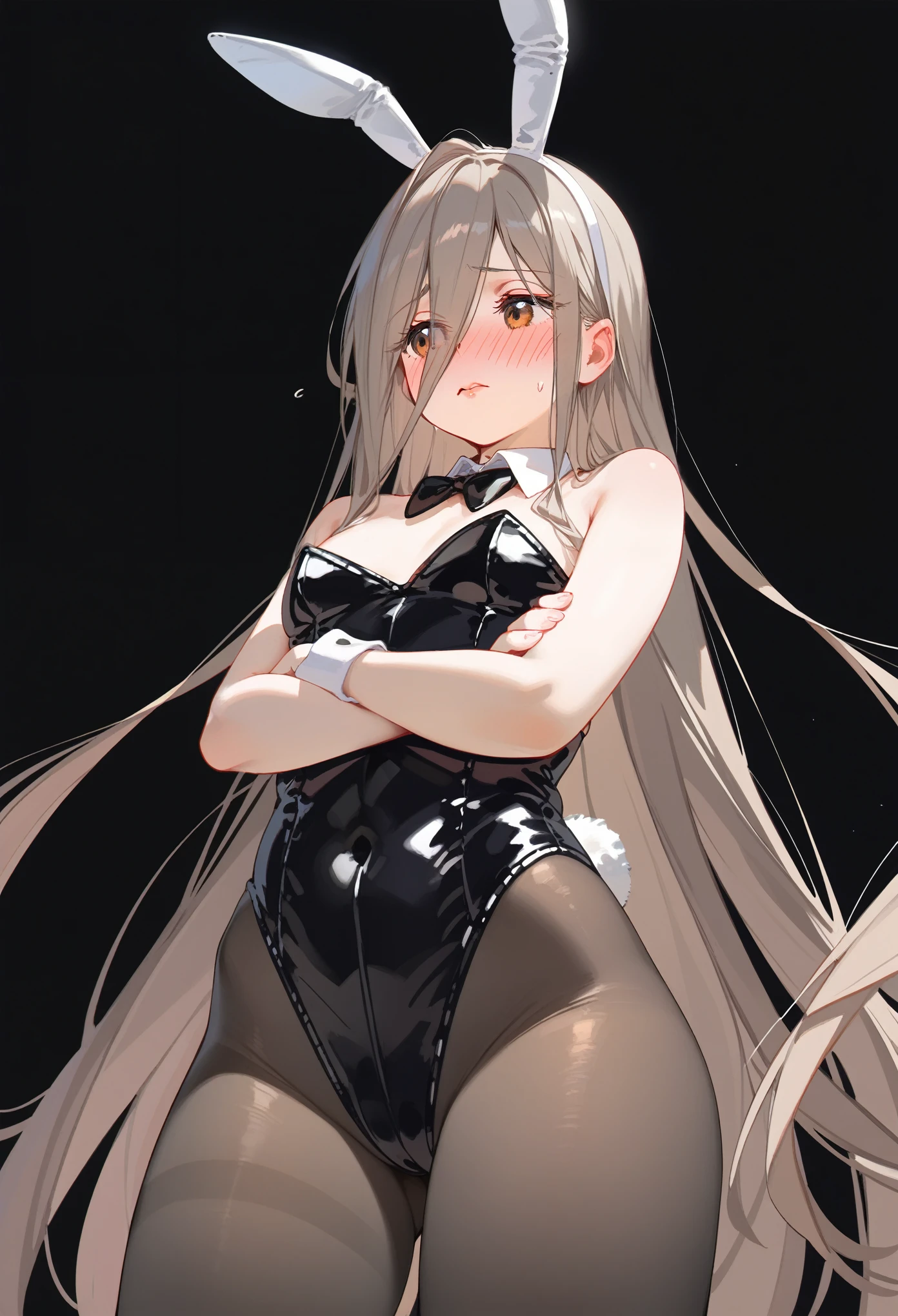 (score_9, score_8_up, score_7_up), 1girl, solo, sense \(sousou no frieren\), brown eyes, very long hair, absurdly long hair, hair between eyes, eyes visible through hair, small breasts, bunny suit, black leotard, strapless leotard, pantyhose, detached collar, black bunny ears, fake bunny ears, crossed arms, looking away, embarrassed, blush, pink lips, from below, on top of viewer, black background, simple background,