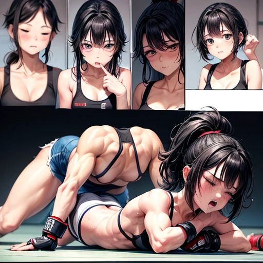 two persons. Drenched in sweat and covered in bruises, she is in a mixed martial arts ring against a female fighter. She is lying on her stomach. Her opponent, a female fighter, is stepping on her body. her eyes closed and mouth open, she is gasping for breath and drooling. She is a cute Japanese high school girl with short-cut black hair. She is wearing a sports bra, high-leg shorts, and open-finger gloves. Small breasts, poor belly, slender body, poor body.