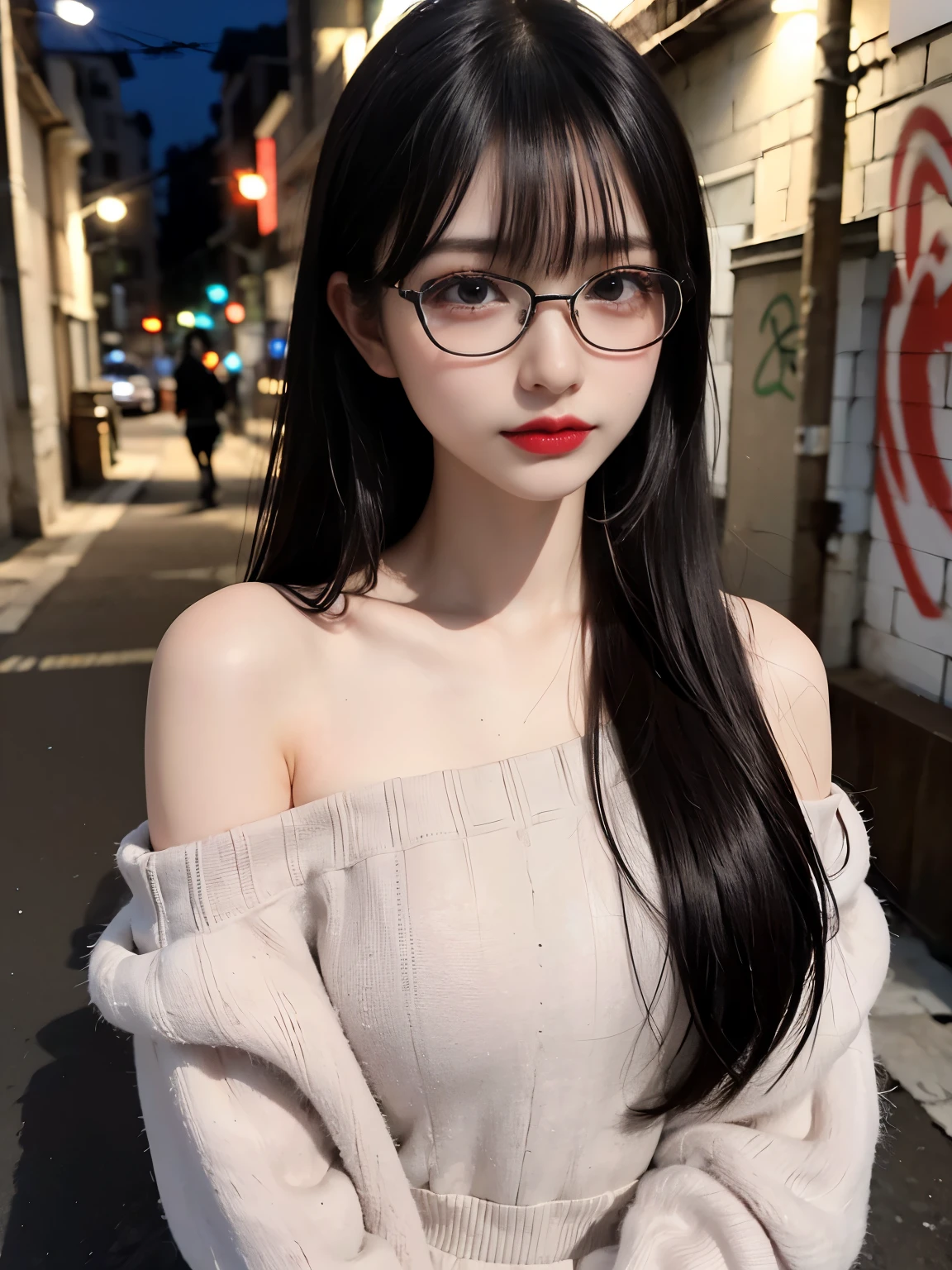 raw photo, 8k, (top-quality), Realistic, (real picture, Intricate details), (natural skin texture, detailed skin, hyper realism, sharpness), (glasses Japanese teenage girl standing in a dirty back alley at night, graffitied wall:1.3), ((off-the-shoulder sweater)), (pale skin:1.2, slender body, flat chest:1.3), ((long straight hair, blunt bangs)), (glasses provocative look, Parted lips:1.3, eye shadow, eyeliner, red lipstick, shy smile), graffiti:1.5, night time, spot lighting:1.3, upper body shot