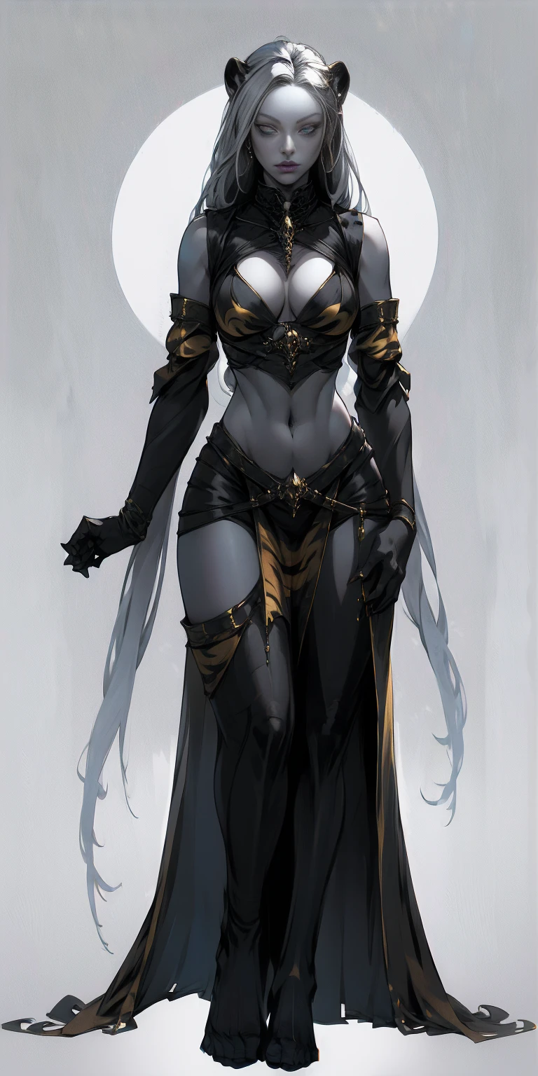 full body looking to viewer standing straight symmetrical against contrapposto yellow tiger print BIKINI stockings sleeves, hands on waist hips, navel, (grey eyes:1.5) grey long hair