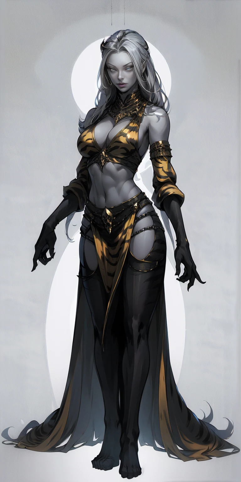full body looking to viewer standing straight symmetrical against contrapposto yellow tiger print BIKINI stockings sleeves, hands on waist hips, navel, (grey eyes:1.5) grey long hair