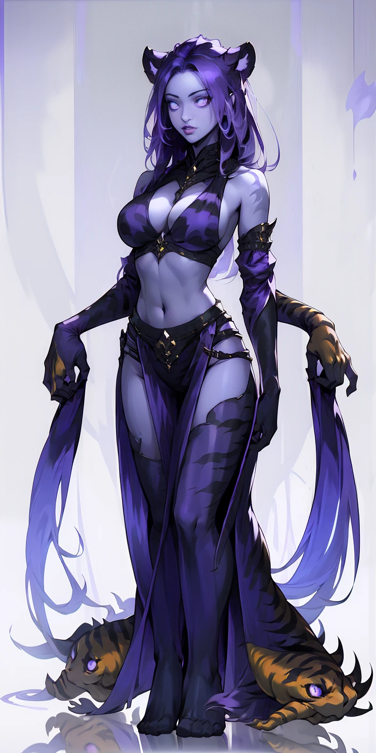 full body looking to viewer standing straight symmetrical against contrapposto yellow tiger print BIKINI stockings sleeves, hands on waist hips, navel, (purple eyes:1.5) grey long hair