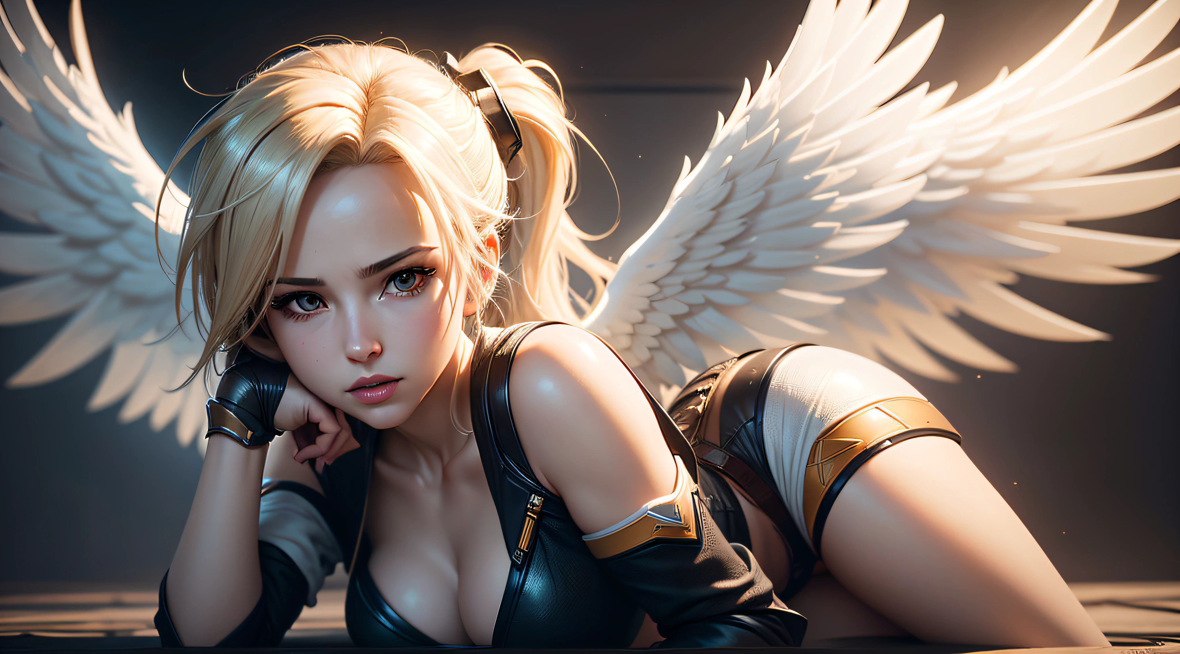 Mercy from Overwatch with angel wings, the lighting and background is bright realistic style, with high attention to detail and sharp focus. The colors are vivid and contrasted, with a slight desaturation. The lighting is dramatic, with shadows and highlights enhancing the overall composition. The medium used is a digital illustration, with a touch of photo-realistic elements to add depth and texture to the image. The final result is a masterpiece in ultra-high resolution, showcasing the intense and raw nature of Mercy's character.