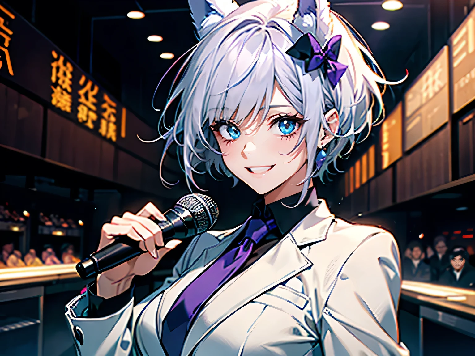 1female, teacher, wearing a white suit, purple tie, bootyshorts, purple bear ears, Thicc, white hair, short hair, glowing blue eyes, face to detail, detailed eyes, the background is a dark place, holding a microphone, smiling, and laughing.