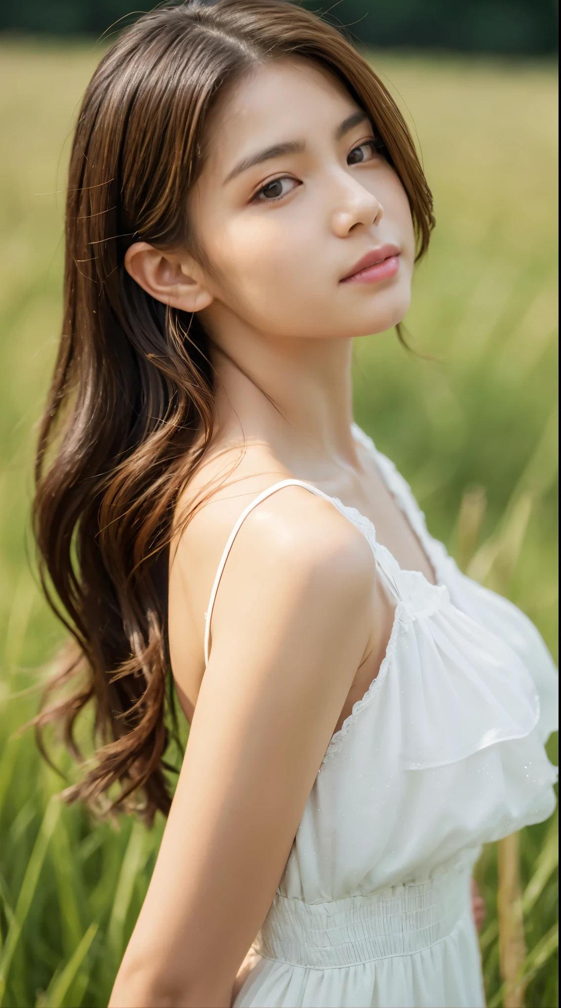 (masterpiece:1.4),, (highest quality:1.4),, Ultra-high resolution,, 8k, CG,, (Very delicate and beautiful:1.2),, , Upper Body,, From the side,, View Viewer,, , One girl,, alone,, Robber Girl,, Mature Girls,, , cute, sweet,, , In the wheat field,, Blurred Background,, , Long brown hair,, ponytail,, , Brown eyes,, Mouth closed,, Red lips,, , Face blown by the wind,, , White Dress,, Medium chest,