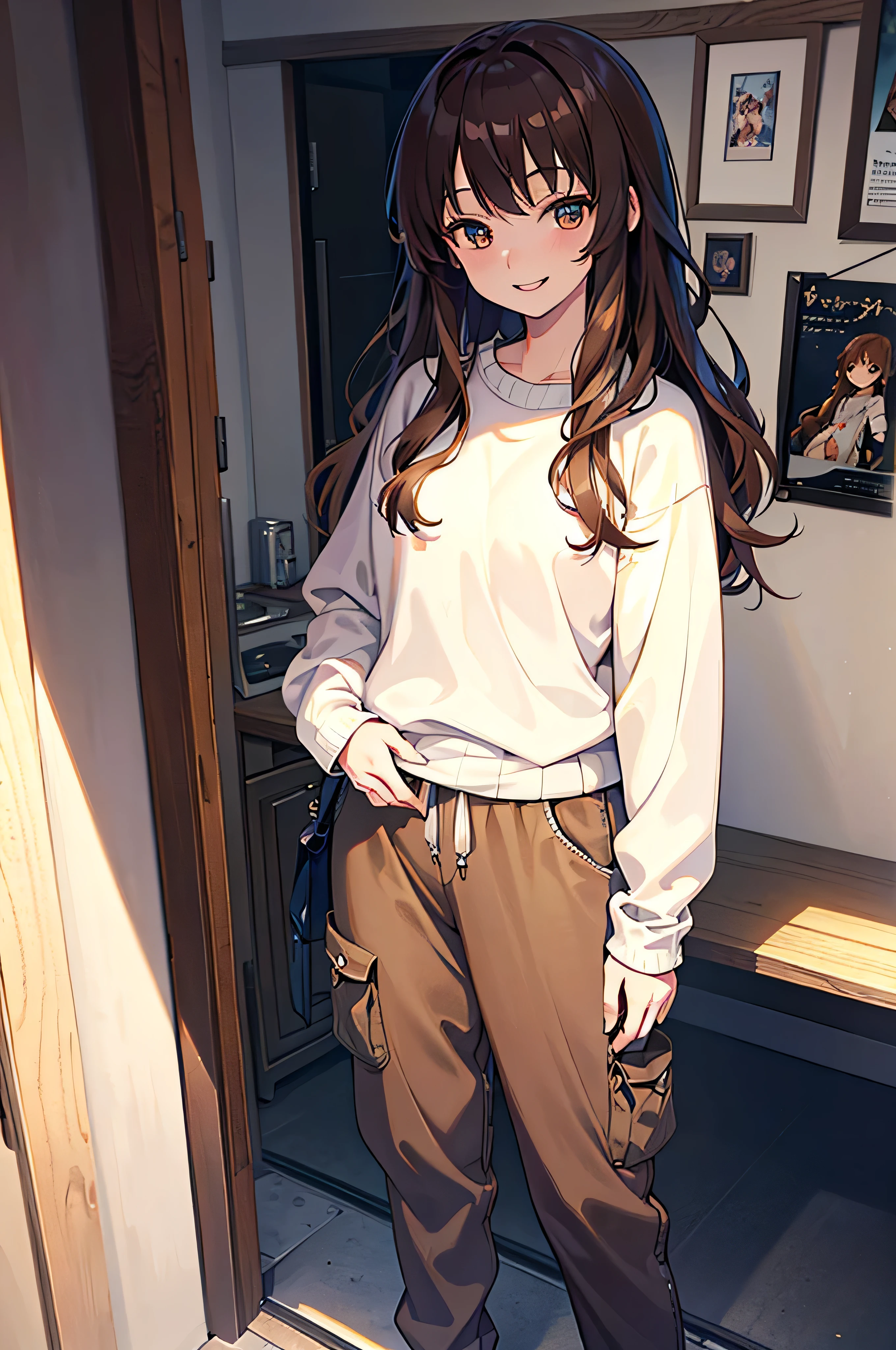 1.5, best quality, high quality, High definition, High quality texture, high detail, beautiful detailed, finely detailed, extremely detailed cg, detailed texture, ((ANIME)), 1girl, woman, female, ((casual)), loose clothes, baggy sweater, pants, cozy, brown hair, long hair, wavy hair, smiling warmly