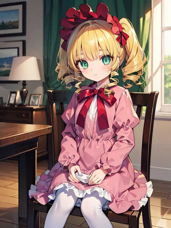 masterpiece, highest quality, Very detailed, 16k, Ultra-high resolution, Cowboy Shot,2 girls, Detailed face, Perfect Fingers, (***************, Golden Eyes, Blonde,  Original Costume, Twin tails, bonnet、Red dress、White pantyhose cup、Black shoes), (***************, Blonde, hair bow, ribbon, drill hair, green eyes, short hair, pink dress,white bloomers, white pantyhose, hinaichigo), Western-style building, table, Sit on a chair