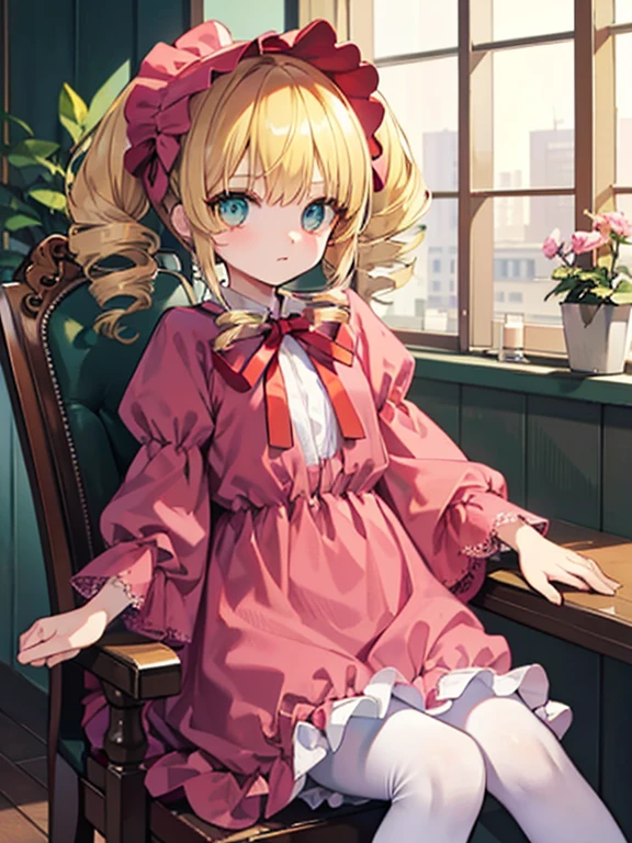 masterpiece, highest quality, Very detailed, 16k, Ultra-high resolution, Cowboy Shot,2 girls, Detailed face, Perfect Fingers, (***************, Golden Eyes, Blonde,  Original Costume, Twin tails, bonnet、Red dress、White pantyhose cup、Black shoes), (***************, Blonde, hair bow, ribbon, drill hair, green eyes, short hair, pink dress,white bloomers, white pantyhose, hinaichigo), Western-style building, table, Sit on a chair