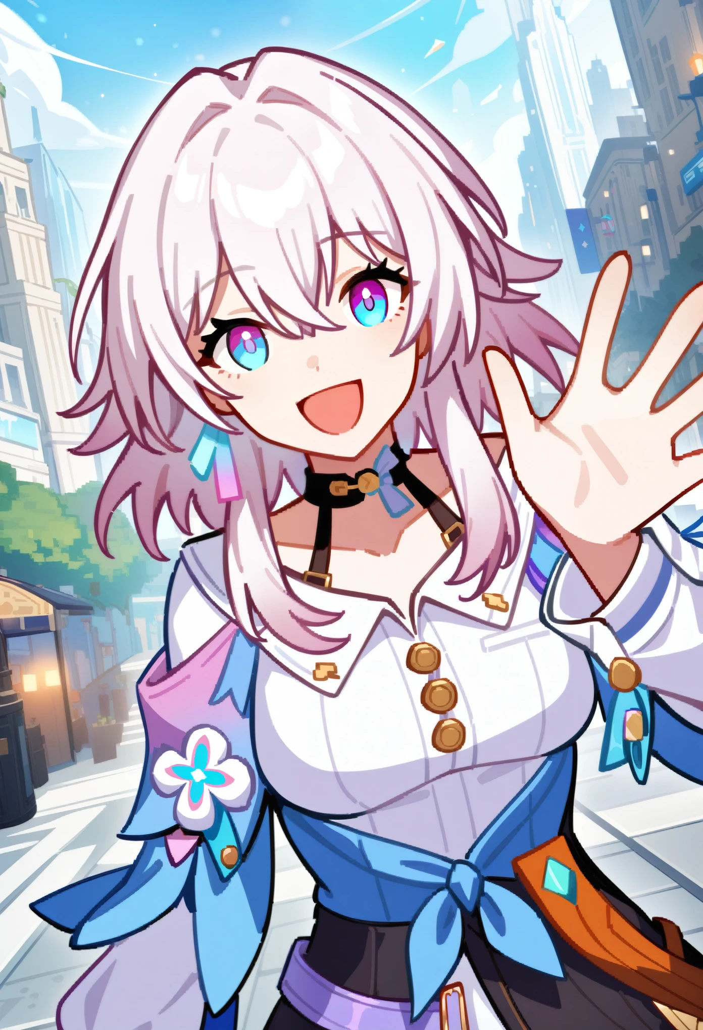 masterpiece, best quality, very aesthetic, absurdres, 1girl, march 7th\(honkai:star rail), honkai: star rail, looking at viewer, upper body, waving, open mouth, smile, city, cinematic angle