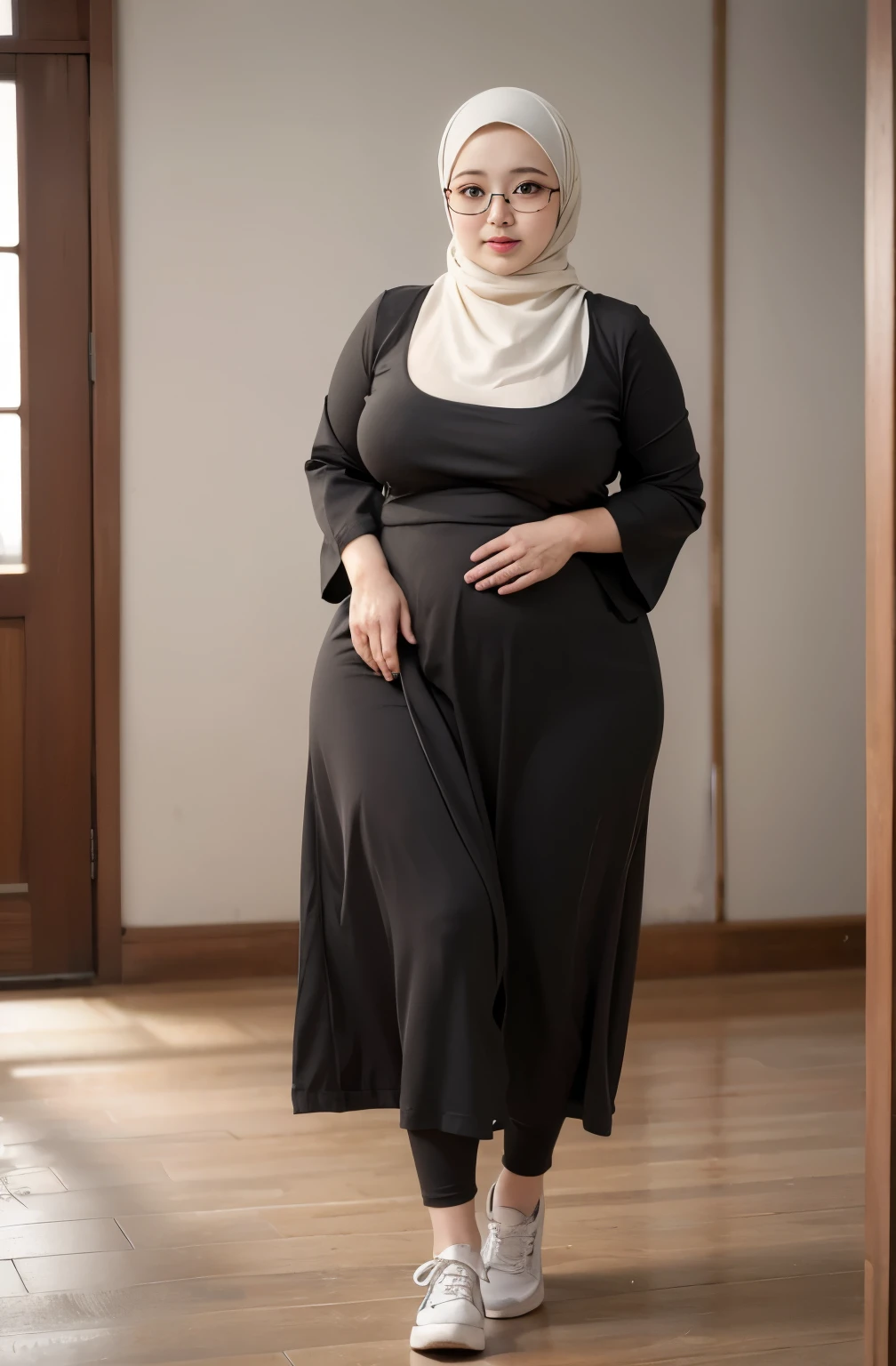 Hijab, glasses, pasmina, chubby, chubby tight, big breasts, sepatu converse, high resolution, best quality, 8k resolution, gorgeous, High definition, , full body