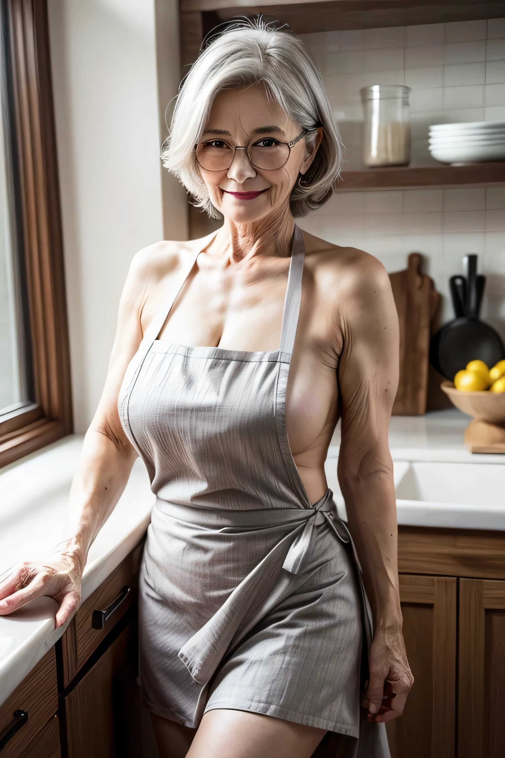 (apron:1.3),(nude:1.4),(70-year-old woman:1.4),(Wrinkles on the face,wrinkled body1.5),smile,(gray hair:1.2),square glasses,(old mature woman:1.3),long wave hair,

BREAK

kitchen,(realistic:1.2),morning,milfAva,ava,naked,mature,milf_boobs,beauty milf,(((beautiful american Mature))),good style,Enhance