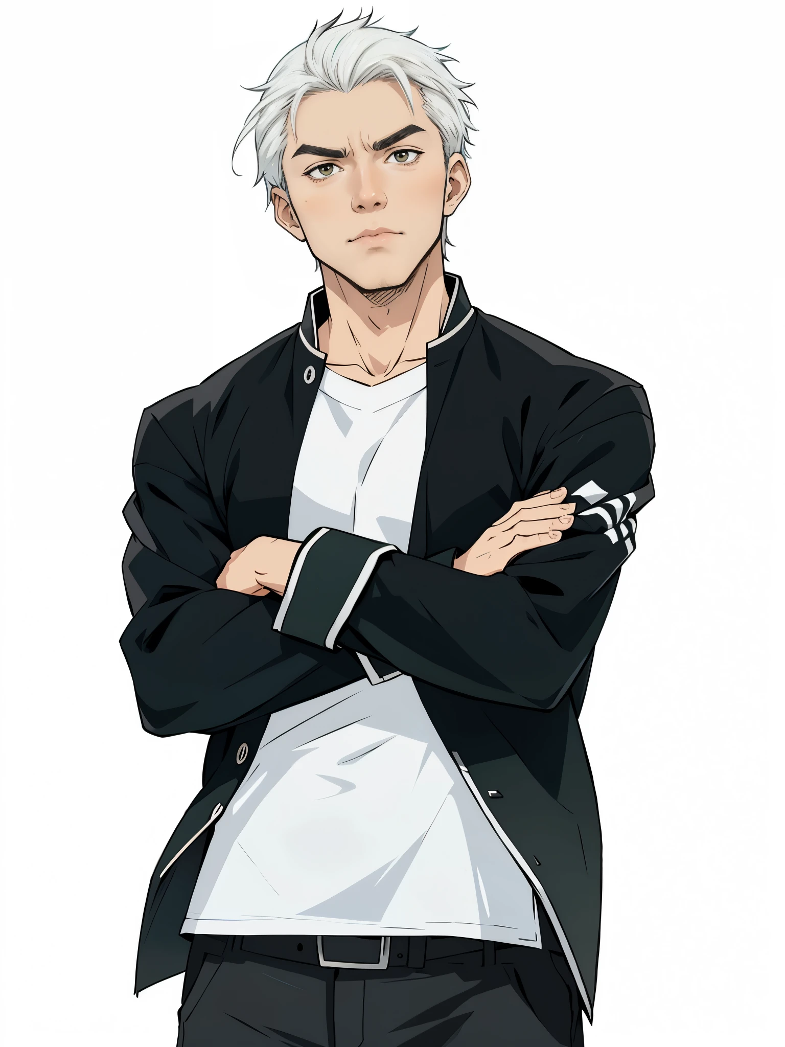 anime character with white hair and black pants and a black middle school japanese uniform with green lines, official anime still, crossed arms, official illustration, brown belt, white t-shirt, middle school japanese uniform, thick outlines, black drawing outlines