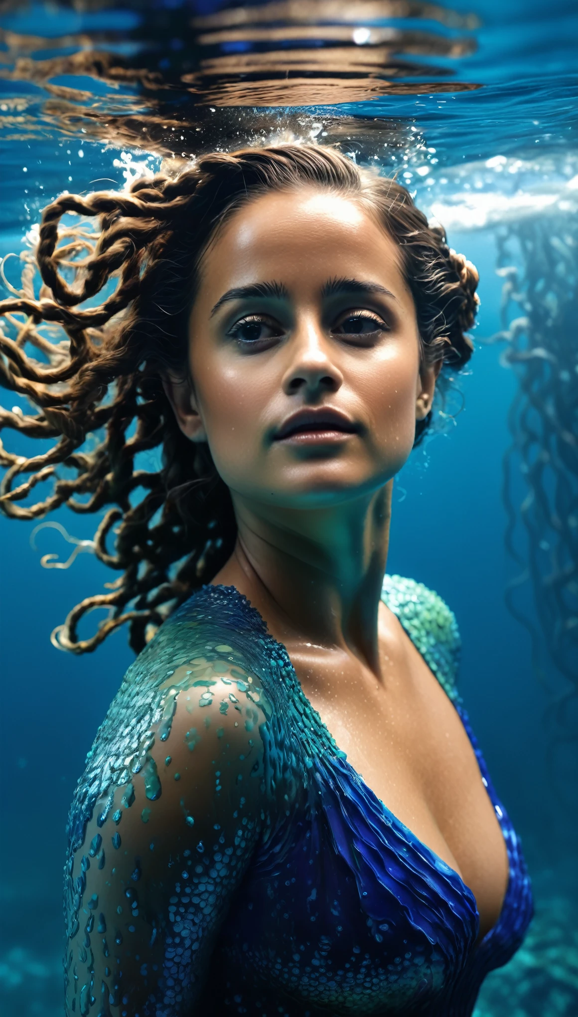 ((tono de color azul y marino:1.3)), (Alicia Vikander:Little whim), 1 chica, solo,Medusa filling up the ocean, millions of Medusa, A girl swimming ((Desnudo)) in the deep ocean surrounded by Medusa, ((Medusa)), Deep Black Ocean,bajo el mar,(Fotorrealista:1.4), arte oficial, fondo de pantalla de unidad 8k, ultra detallado, hermoso y estetico, obra maestra,mejor calidad, (dynamic angle:1.4), Piel brillante, (destellos de colores flotantes:1) The most beautiful form of chaos., elegant, a brutalist designed, colores vivos, romanticismo, Ultra gran angular,