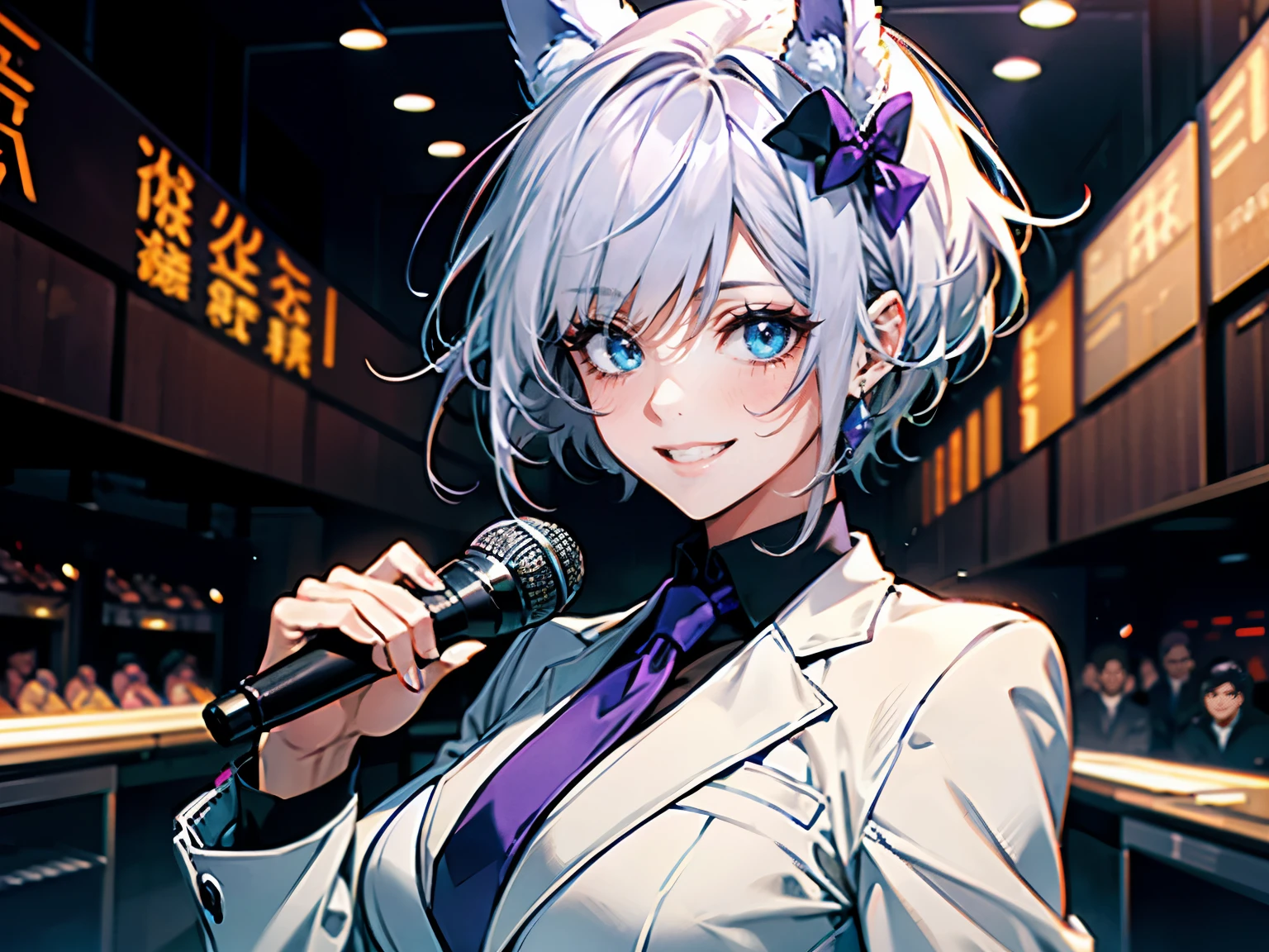 1female, teacher, wearing a white suit, purple tie, bootyshorts, purple bear ears, Thicc, white hair, short hair, glowing blue eyes, face to detail, detailed eyes, the background is a dark place, holding a microphone, smiling, and laughing.