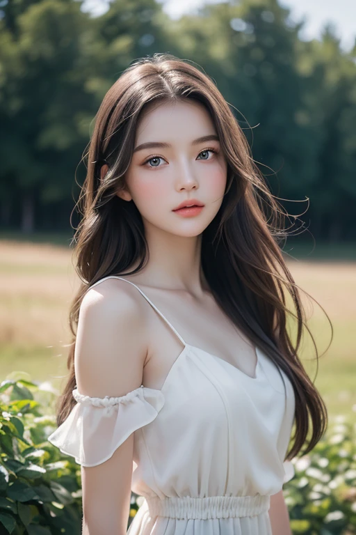 "Create an ultra-realistic 16k half image of a stunning 20-year-old Russian girl with very white, porcelain-like skin. Her cute round face is exquisitely detailed, showcasing rosy cheeks that add a touch of warmth to her complexion. She has mesmerizing, deep blue eyes that reflect a sense of depth and clarity. Her long, silky hair cascades around her shoulders, framing her delicate features perfectly. The girl is wearing a black dress, and she stands against a softly blurred background that hints at a picturesque Russian landscape. The natural light accentuates her beauty, making her appear ethereal and captivating."