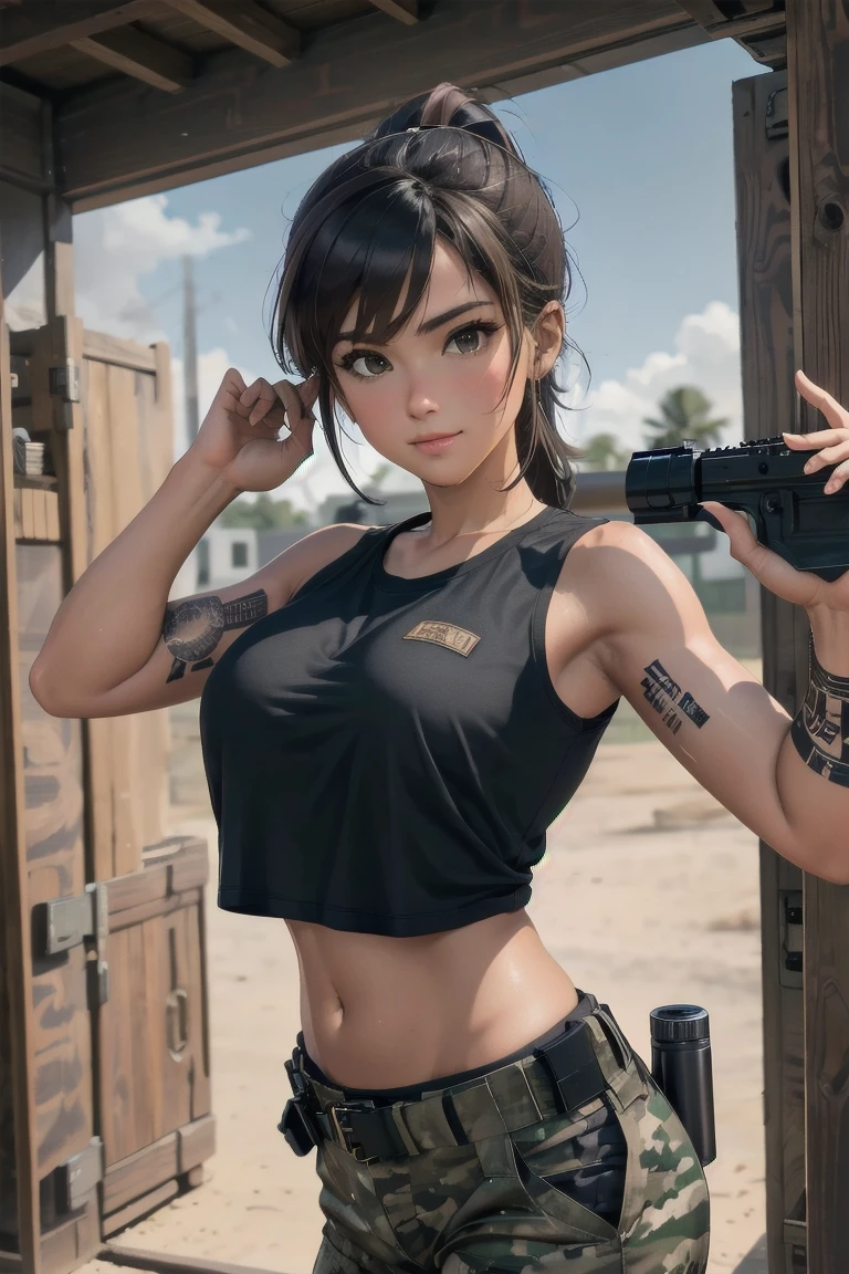 military girl, brown ponytail, black tshirt, baggy military camo pants, slim waist, best quality, indoor shooting range, practice, holding m4a1, sweating, after training, looking at viewer,tacticool, dwarfoil, Tattoos, holding colt 1911 in both hands pointed toward the sky, beautiful wood and steel colt 1911,
