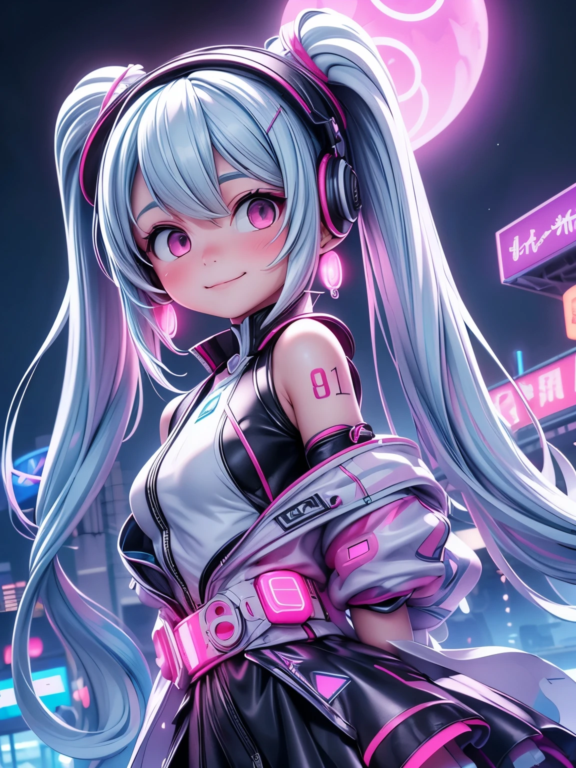 (masterpiece、最high quality、最high quality、Official Art、Beautiful and beautiful:1.2)、(One girl:1.3)Hatsune Miku、Twin tails,Big Breasts,1 girl, Chinese_Clothes, liquid silver and pink, Cyberhunter, China dress, cyber punk city, Dynamic pose, Glowing headphones, Glowing Hair Accessories, Long Hair, Glowing Earrings, Glowing necklace, cyber punk, High-tech city, full of mechanical and Futuristic elements, Futuristic, technology, Glowing neon, pink, pink light, Transparent tulle, transparent streamers, laser, Digital background city sky, Big Moon, With vehicle, 最high quality, masterpiece, 8k, Character edge light, Ultra high definition, high quality, The most beautiful woman in the world, smile, The face is facing forward、Symmetrical, earrings, Beautiful pupil light effect, Visual data, Silvery white hair, Hair is not messy, Long Hair over the waist, Luminous electronic clock, Deep Eyes, Happy, English Graffiti