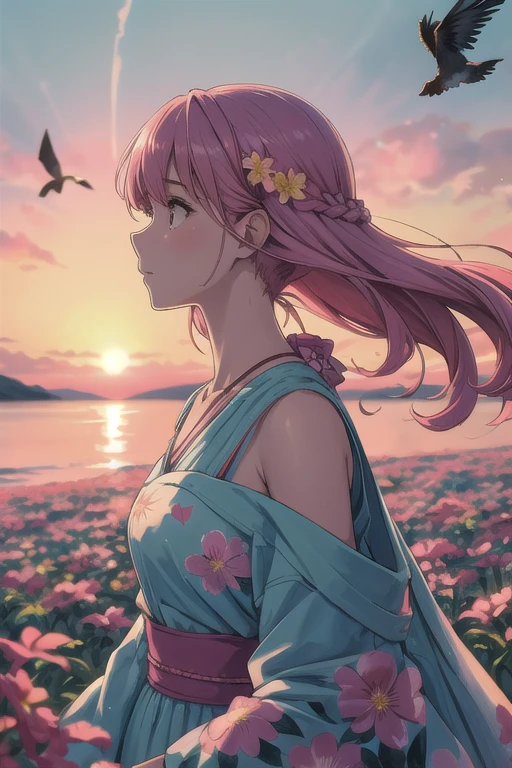 A watercolor painting of a woman's profile. Within her silhouette, there's a vivid landscape depicted. The sky is painted in hues of pink, purple, and blue, with birds flying. A sunset or sunrise is visible, casting a golden hue over a field. The woman's hair is adorned with flowers, and her neck and shoulders are covered in a dense floral pattern. The entire composition gives a sense of unity between nature and humanity.