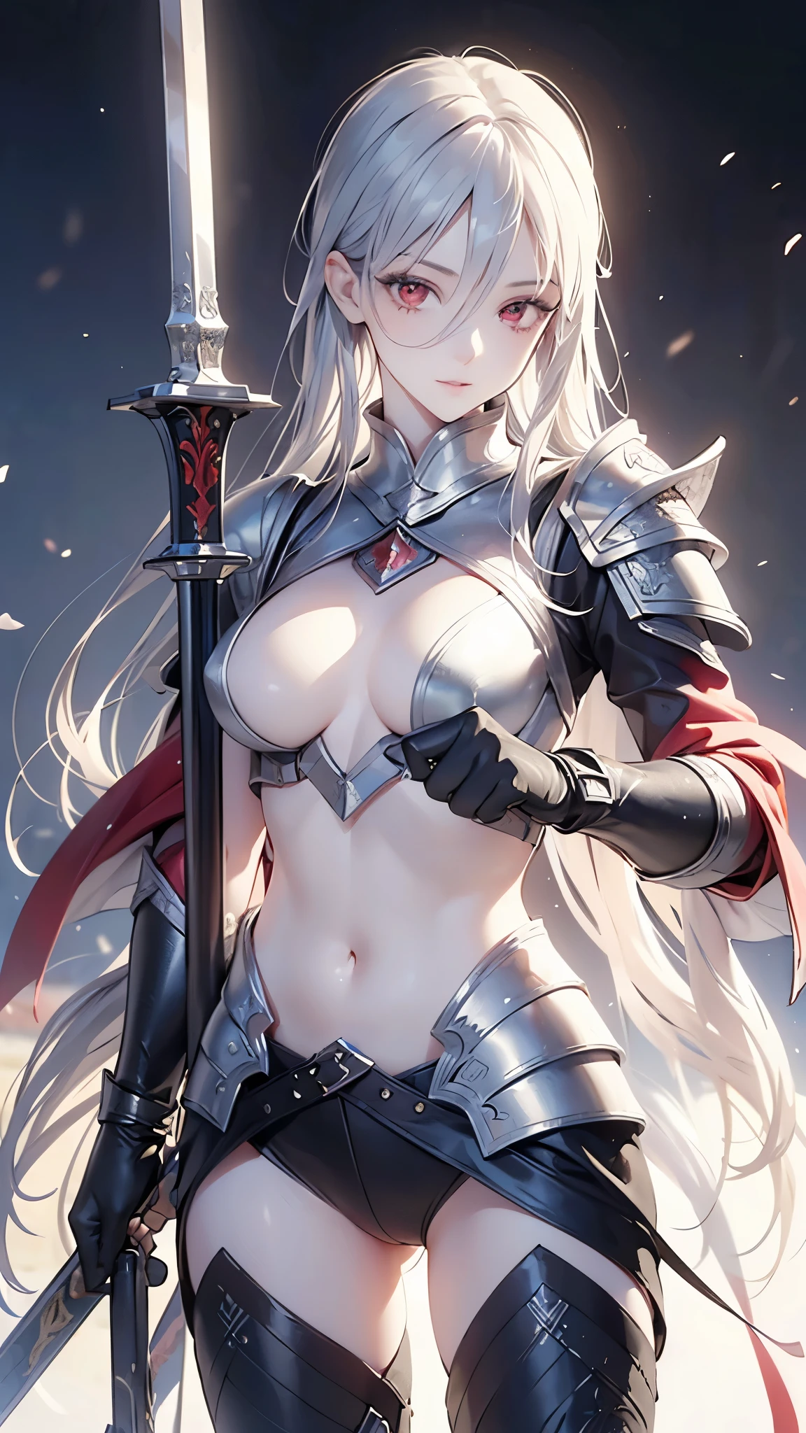 ((best quality)), ((masterpiece)), (detailed), Perfect face, albino warrior, ((Long white hair, White skin, Red Eyes)), Black magic sword, (Great sword engraved with red runes), Crazy Eyes, haggard cheeks, fantasy novel, 25 years old lady, ((silver armor, Gloves, and engraved shields))