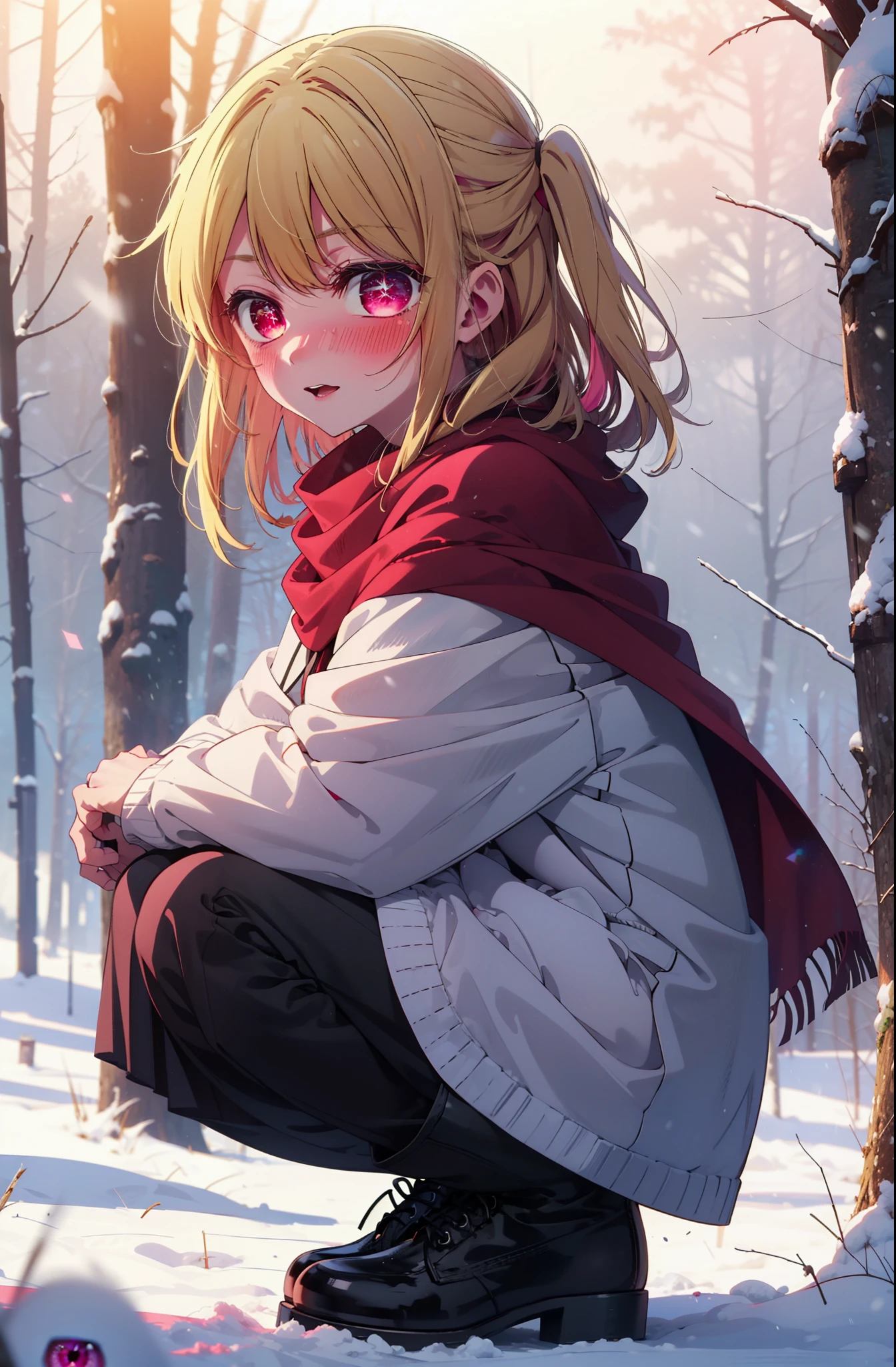 rubyhoshino, Hoshino Ruby, Long Hair, bangs, Blonde Hair, (Pink Eyes:1.3), (Symbol-shaped pupil:1.5), Multicolored Hair, Two-tone hair, smile,blush,White Breath,
Open your mouth,snow,Ground bonfire, Outdoor, boots, snowing, From the side, wood, suitcase, Cape, Blurred, , forest, White handbag, nature, Squat, Mouth closed, Cape, winter, Written boundary depth, Black shoes, red Cape break looking at viewer, Upper Body, whole body, break Outdoor, forest, nature, break (masterpiece:1.2), highest quality, High resolution, unity 8k wallpaper, (shape:0.8), (Beautiful and beautiful eyes:1.6), Highly detailed face, Perfect lighting, Highly detailed CG, (Perfect hands, Perfect Anatomy),