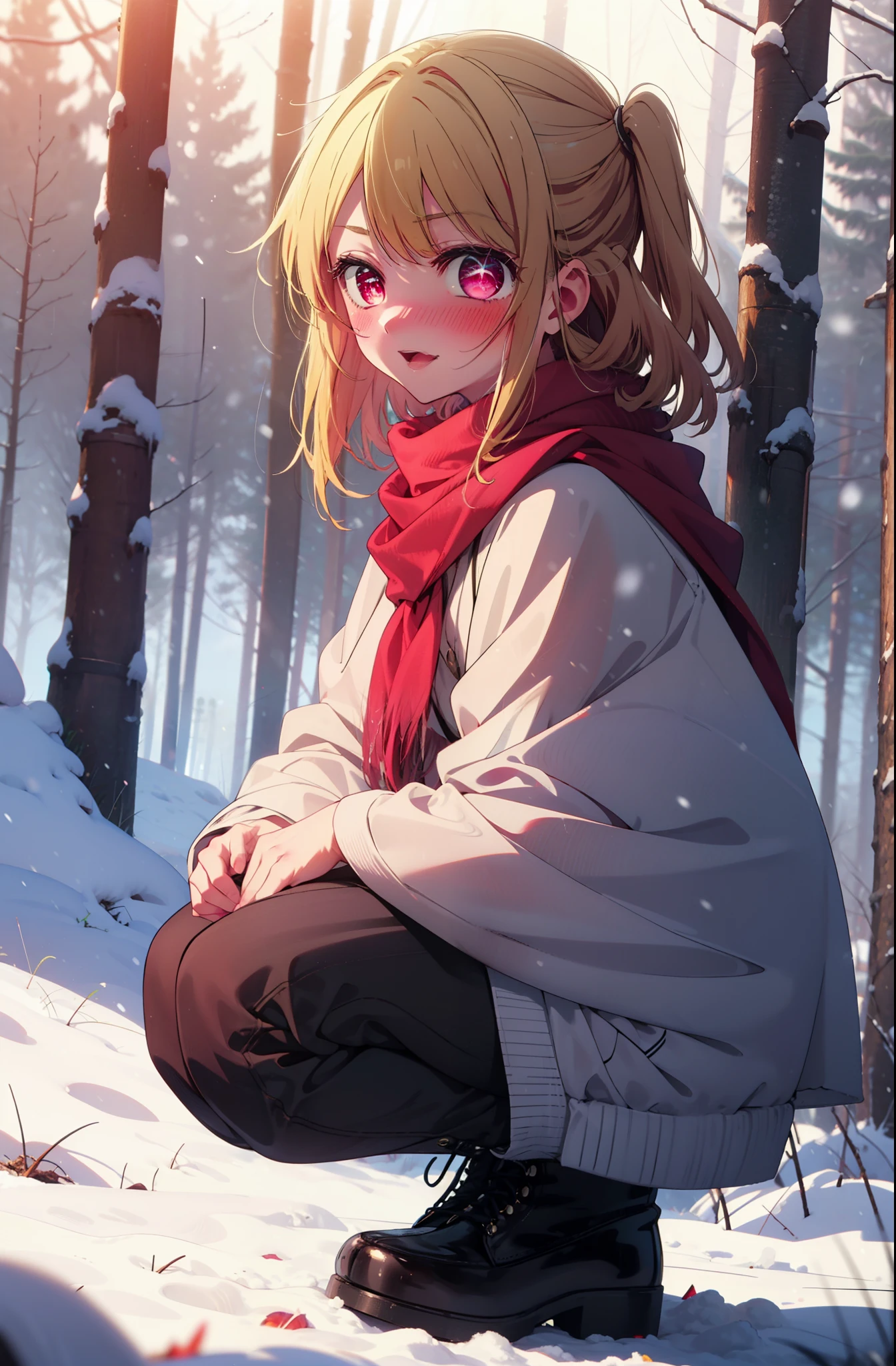 rubyhoshino, Hoshino Ruby, Long Hair, bangs, Blonde Hair, (Pink Eyes:1.3), (Symbol-shaped pupil:1.5), Multicolored Hair, Two-tone hair, smile,blush,White Breath,
Open your mouth,snow,Ground bonfire, Outdoor, boots, snowing, From the side, wood, suitcase, Cape, Blurred, , forest, White handbag, nature,  Squat, Mouth closed, Cape, winter, Written boundary depth, Black shoes, red Cape break looking at viewer, Upper Body, whole body, break Outdoor, forest, nature, break (masterpiece:1.2), highest quality, High resolution, unity 8k wallpaper, (shape:0.8), (Beautiful and beautiful eyes:1.6), Highly detailed face, Perfect lighting, Highly detailed CG, (Perfect hands, Perfect Anatomy),