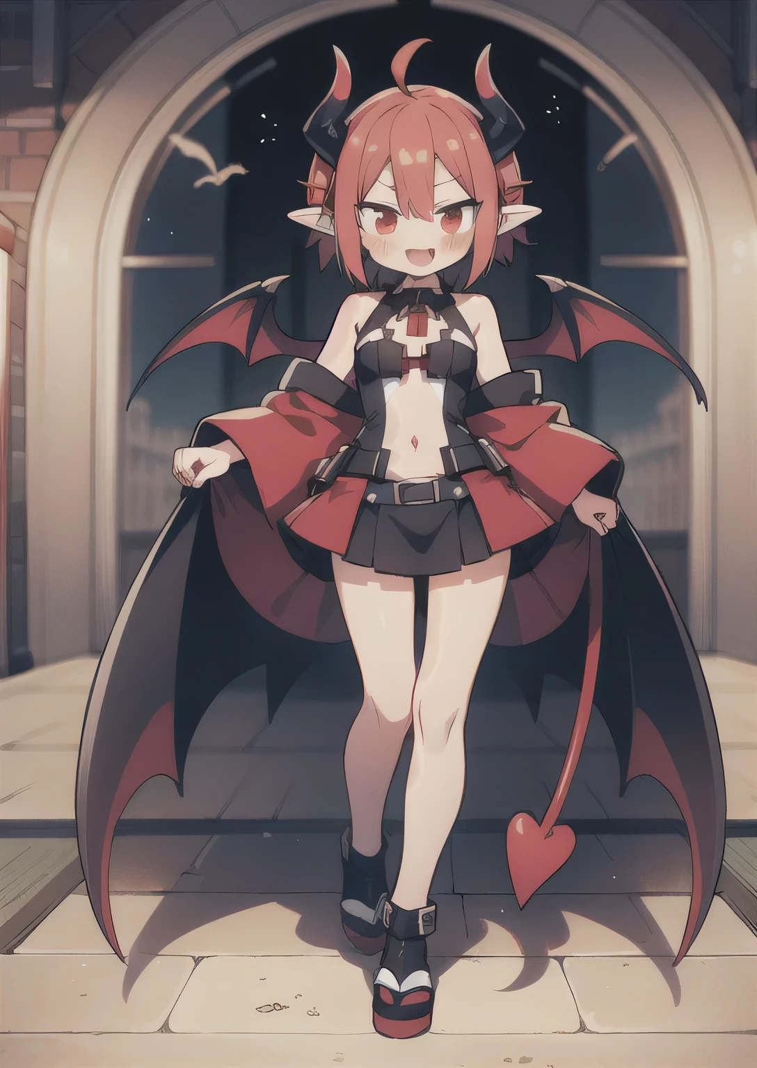 8K, femboy, petit, adult. kawaii vampire, crimson hair, short hair, red eyes, fang, bat wings, smile, (blush), (shy), pointed ears, looking at viewer, dynamic angle, wind, game cg, fantastic scenery, devil tail, demon tail, thin tail, black horns, medium breast, show full body, disgaea, nippon ichi, nis america, etna, laharl, flonn, anime, video game, asagi, Takehito Harada