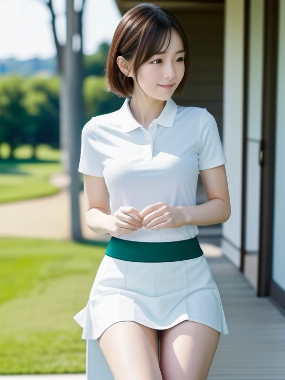 (((Small))),Side Shot,masterpiece, highest quality, High resolution, wallpaper, Realistic, Bright lighting, Professional Lighting, Face Light, Smooth lighting, Japanese Girls, ((Whole body 1.4)),cute, smile, beautiful girl, gravure, sexy, so beautiful, Beautiful Skin, Beautiful and detailed、Detailed face、slim、Moderate, short hair, Blonde Hair, Brown Eyes, View your viewers,Golf player costume,mini skirt,sit、knee up.White panties,Panty Shot,Small,Bare legs,Golf Course、green