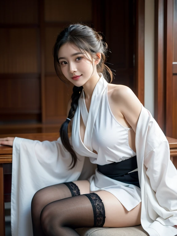 (masterpiece, best quality:1.2),Reality, high resolution, Soft Light,1 Woman, Solitary, Hip lift, View Viewer, (Delicate face), Smile,beautiful girl, Hanfu, east asian architecture,scabbard,architecture, Black over-the-knee stockings, Large Breasts,open chest,Show your shoulders,long hair,大long hair,(pigtail,Braids on both sides of the face), Upper Body, Jewelry, Extra long ribbon, legs open,sit