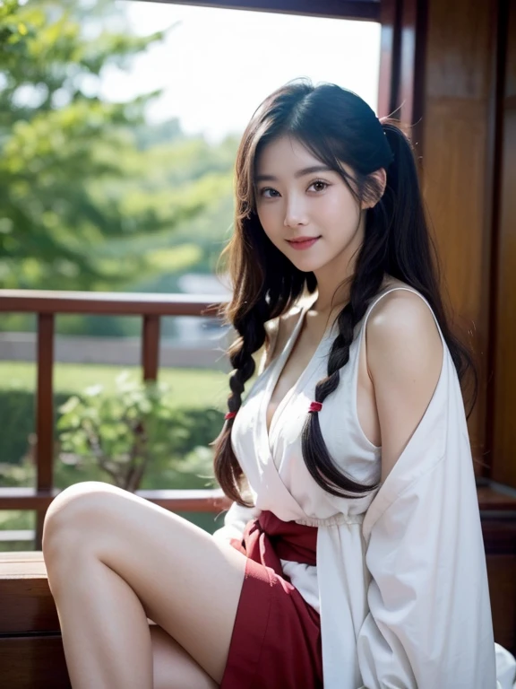 (masterpiece, best quality:1.2),Reality, high resolution, Soft Light,1 Woman, Solitary, Hip lift, View Viewer, (Delicate face), Smile,beautiful girl, Hanfu, east asian architecture,scabbard,architecture, Black over-the-knee stockings, Large Breasts,open chest,Show your shoulders,long hair,大long hair,(pigtail,Braids on both sides of the face), Upper Body, Jewelry, Extra long ribbon, legs open,sit