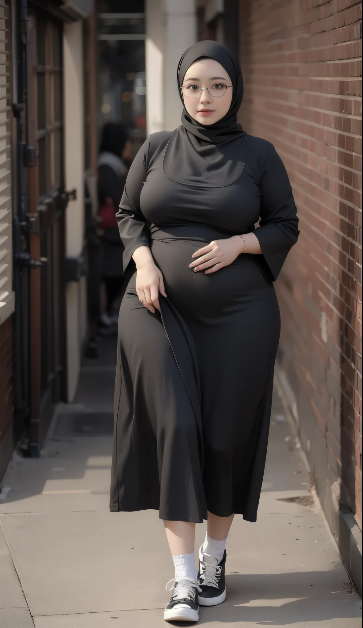 Hijab, glasses, pasmina, chubby, chubby tight, big breasts, sepatu converse, high resolution, best quality, 8k resolution, gorgeous, High definition, baby face, full body