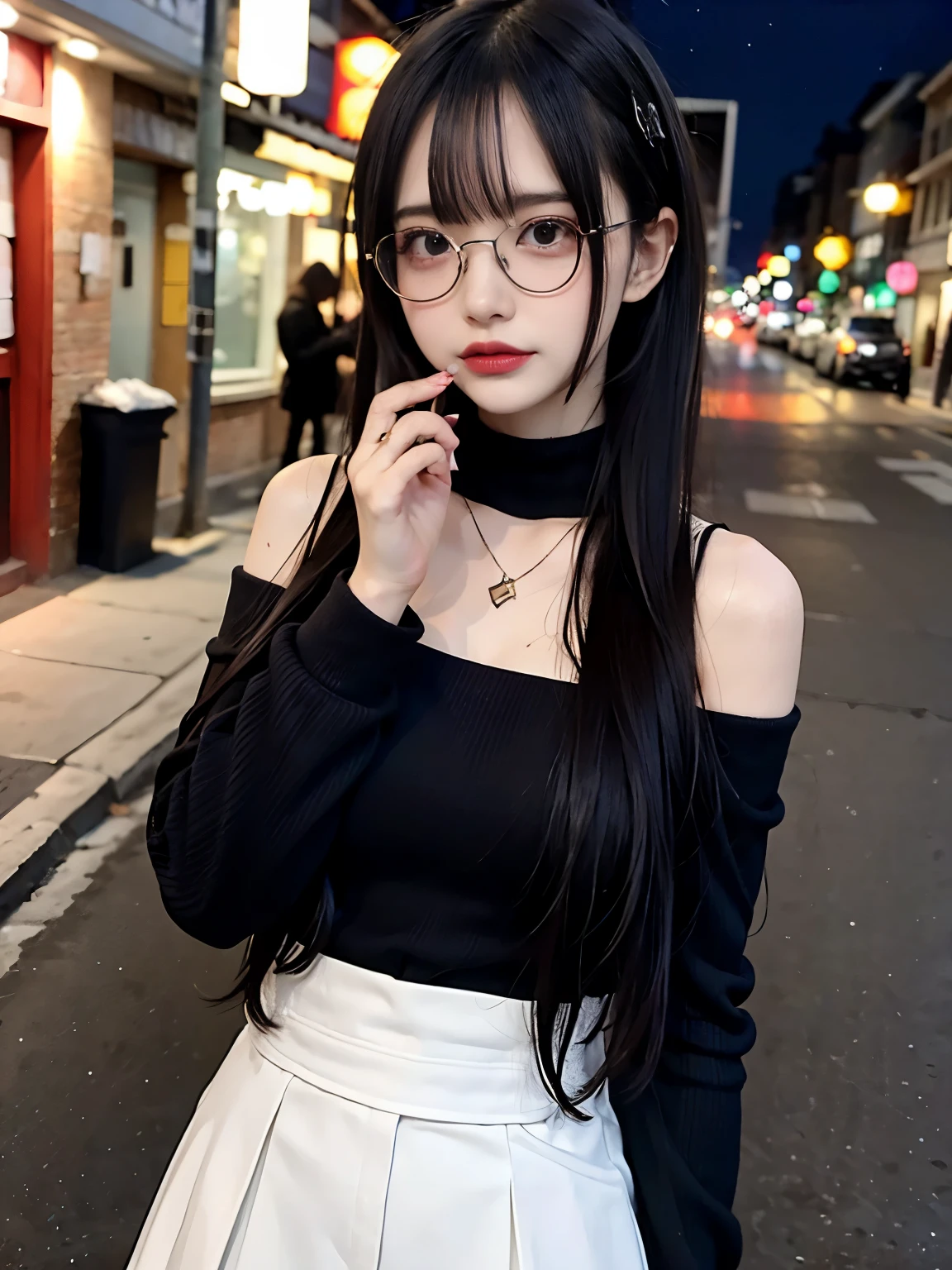 raw photo, 8k, (top-quality), Realistic, (real picture, Intricate details), (natural skin texture, detailed skin, hyper realism, sharpness), (glasses Japanese teenage girl standing in a dirty back alley at night, graffitied wall:1.3), ((off-the-shoulder sweater)), (pale skin:1.2, slender body, flat chest:1.3), ((long straight hair, blunt bangs)), (glasses provocative look, Parted lips:1.3, eye shadow, under eye circle, eye bag, red thick lips, shy smile), graffiti:1.5, night time, spot lighting:1.3, upper body shot