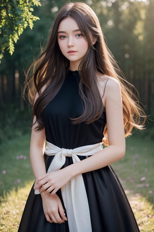 "Create an ultra-realistic 16k half image of a stunning 20-year-old Russian girl with very white, porcelain-like skin. Her cute round face is exquisitely detailed, showcasing rosy cheeks that add a touch of warmth to her complexion. She has mesmerizing, deep blue eyes that reflect a sense of depth and clarity. Her long, silky hair cascades around her shoulders, framing her delicate features perfectly. The girl is wearing a black dress, and she stands against a softly blurred background that hints at a picturesque Russian landscape. The natural light accentuates her beauty, making her appear ethereal and captivating."