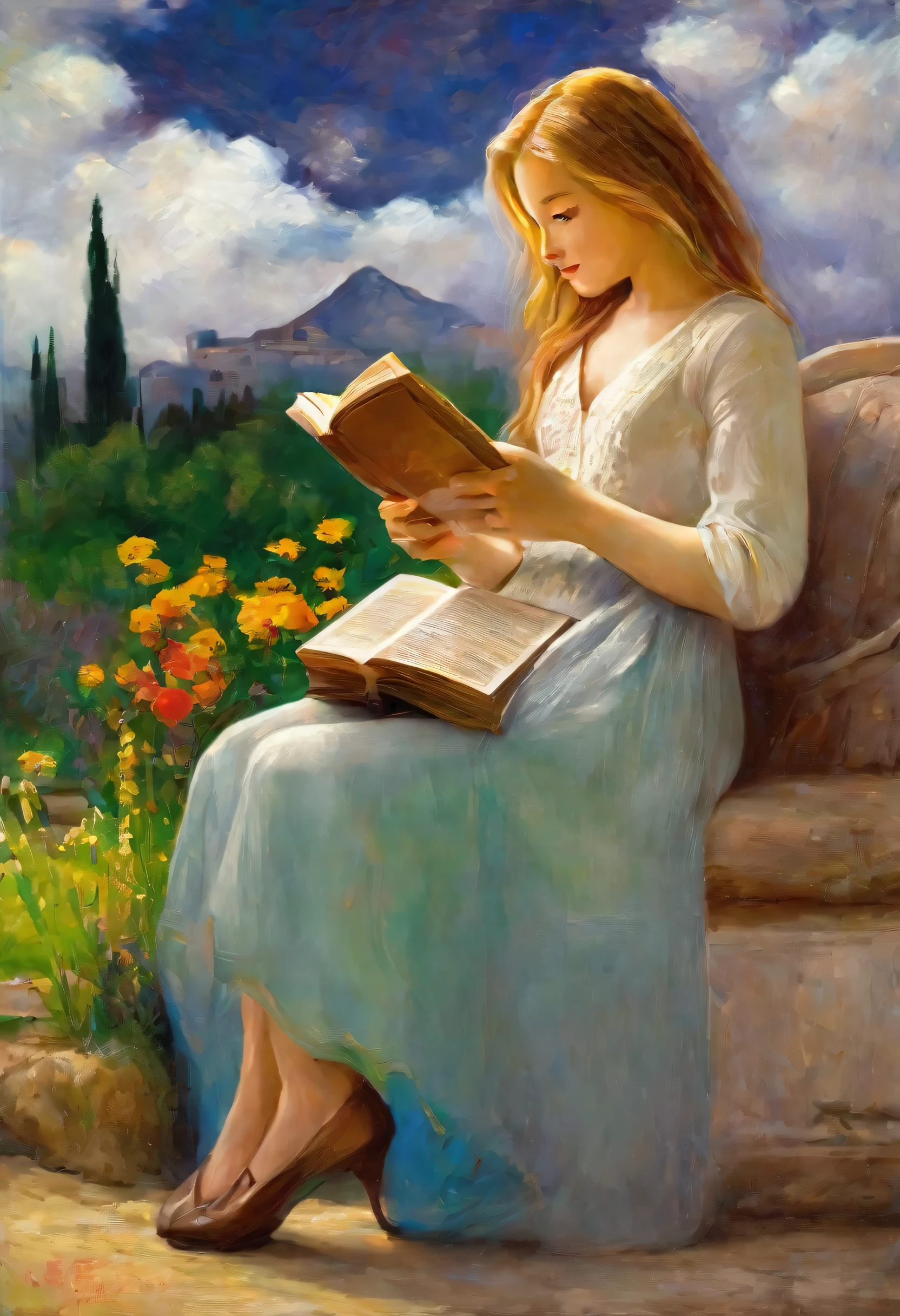 (full body,oil painting) A beautiful girl reading a book in a garden, wearing rich clothes and riding a bike, with detailed facial features, body posture and expression. The girl has stunning detailed eyes, beautiful detailed lips, and very expressive face. Her eyelashes are long and her hair flows naturally. The garden is filled with vibrant flowers and lush greenery, creating a peaceful and serene atmosphere. The oil painting style is reminiscent of Renoir, van Gogh, and Monet, with impressionistic brushstrokes and vivid colors that bring the scene to life. The painting is of high definition and captures every exquisite detail, from the delicate texture of the girl's clothes to the play of light and shadow on her face. The overall lighting is warm and soft, casting a gentle glow on the girl and the surrounding environment.