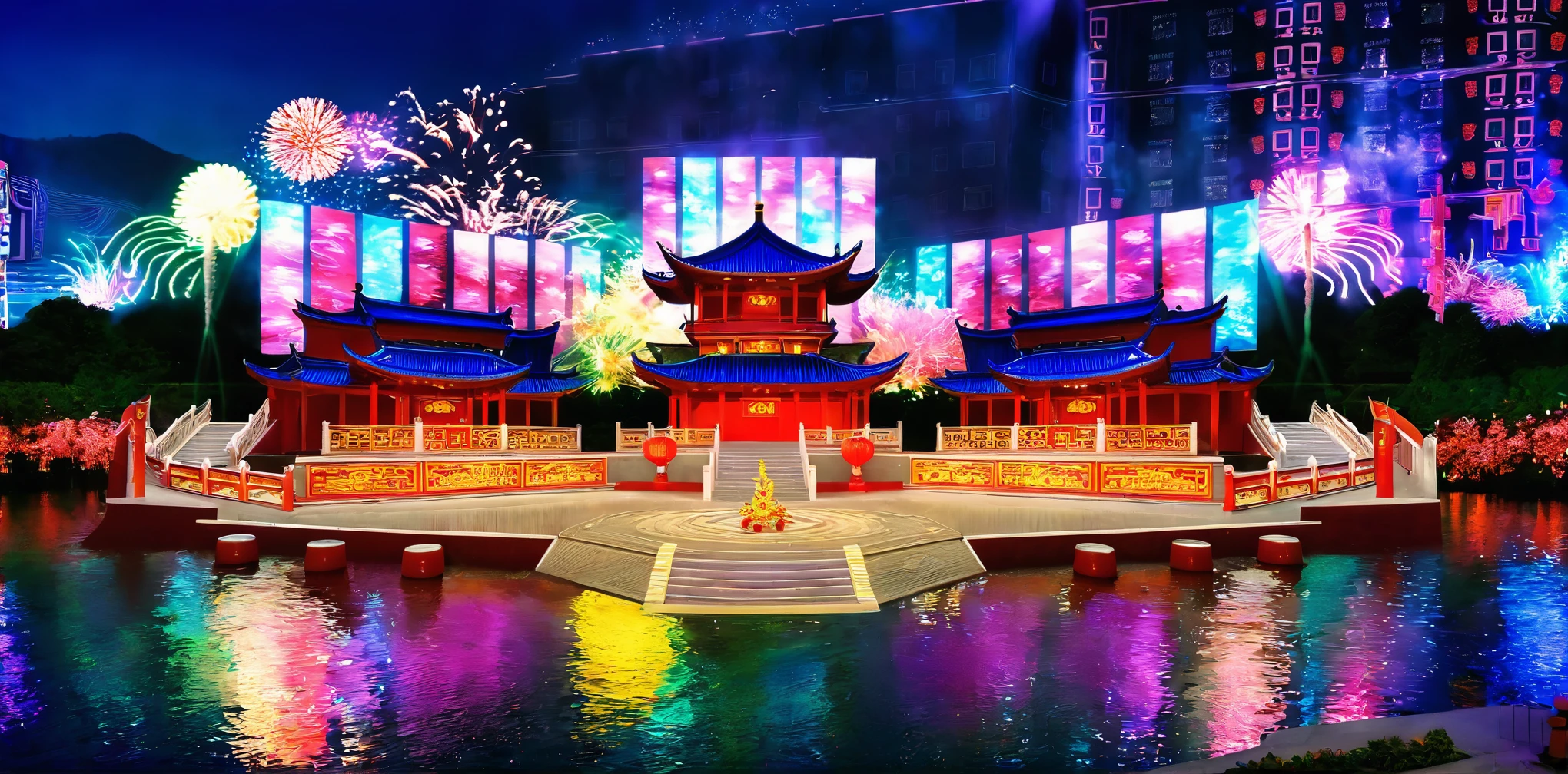 (high resolution,best quality,masterpiece:1.2) Creating an extraordinary open-air stage for Chinese opera in Wushan,Chinese Tang Dynasty,islands,Cherry blossoms and water lilies blooming at night,Large holographic display,image。The background is a tall building、Mountains、Dark Sky。Grand New Year Fireworks Show, Colorful fireworks display, Energetic, 捕捉现场Energetic的氛围 , Perfectly capture the intricate details of every exploding firework, Professional photography, Bright colors, Clear focus, A true portrait of stunning fireworks, Light up the night sky, Show the beauty of celebration, magnificent artistic depiction , Capturing the essence of the festive spirit, Carefully created works, Use studio lighting to highlight fireworks, Clever use of bokeh creates a dreamy and captivating atmosphere, Amazing fireworks display, Bring the excitement and joy of New Year celebrations to life.