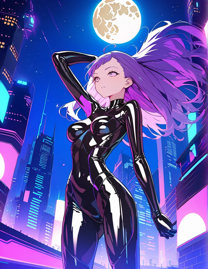 Best quality, super great, 16K, incredibly absurd, extremely detailed(cyberpunk), Waist-length portrait, futuristic look, ,1 girl, Incredibly beautiful, Purple hair flutters in the wind, very sexy (strives for perfection).
latex mirror suit, tightly hugging her body (getting closer to perfection). Stands with his back on the edge of the roof(over the shoulder), suspended between two skyscrapers, looking into the distance,. night, sky full of stars and a huge silhouette of the moon. Breathtaking view, wind, wind-effect, lunar night view, (great view:1.1).