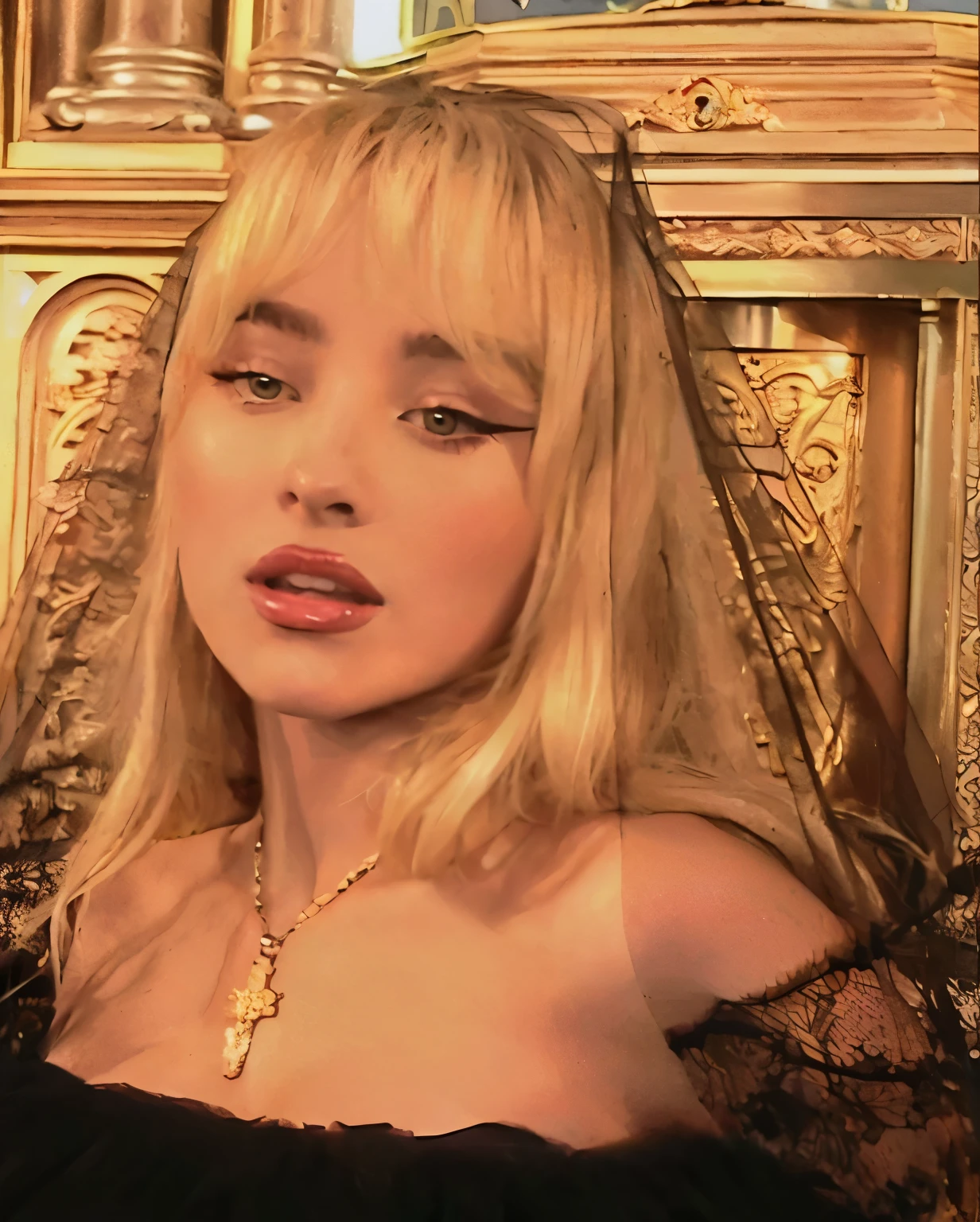 Mujer rubia con un vestido negro y un collar de oro, retrato de kim petras, inspirado en Hedi Xandt, inspirado en David LaChapelle, editado, inspirado en Marie-Gabrielle Capet, inspired by Károly Lotz, amapola, doja cat, loreta de lujo, muy granulado, rubio, olga buzova